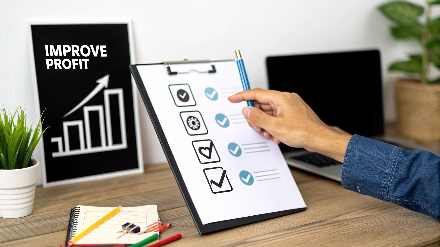A hand points at a checklist on a clipboard with an 'IMPROVE PROFIT' chart nearby, symbolizing business strategy.