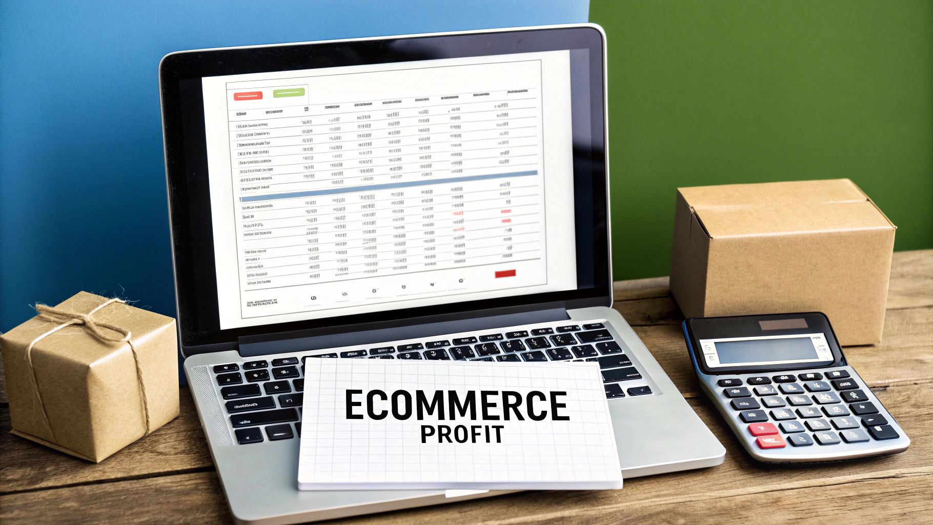 A laptop displaying a financial spreadsheet, with a calculator, cardboard boxes, and a note 'ECOMMERCE PROFIT' on a wooden desk.