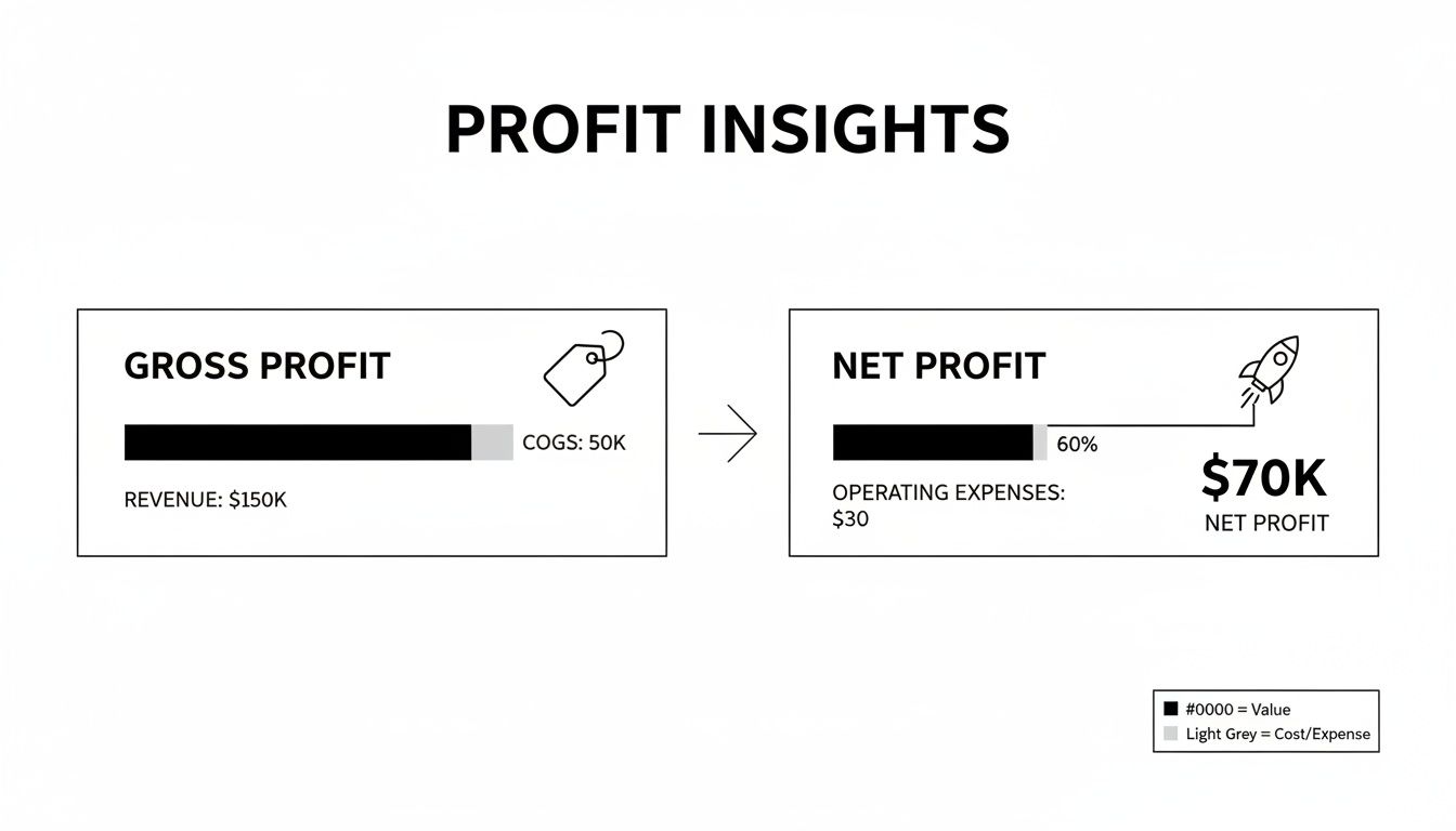 Diagram comparing gross profit and net profit calculations, showing revenue, COGS, and operating expenses.