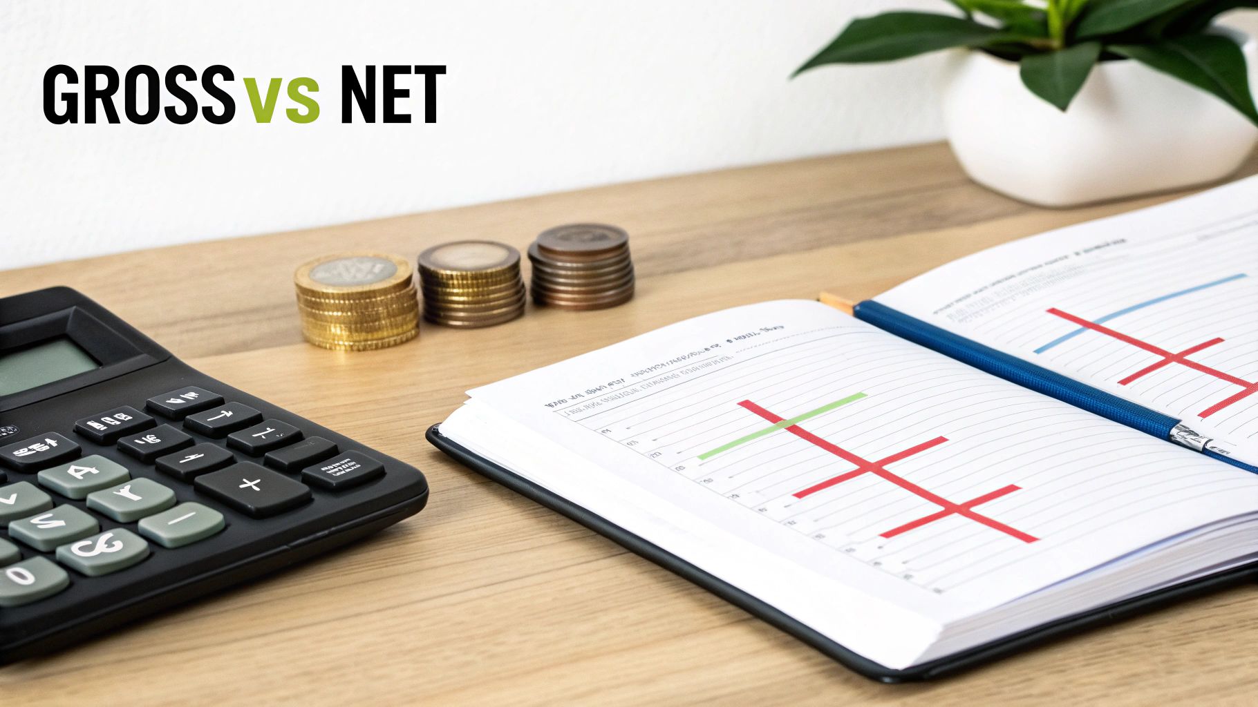 A calculator, stacked coins, and an open notebook with 'GROSS vs NET' text on a wooden desk.