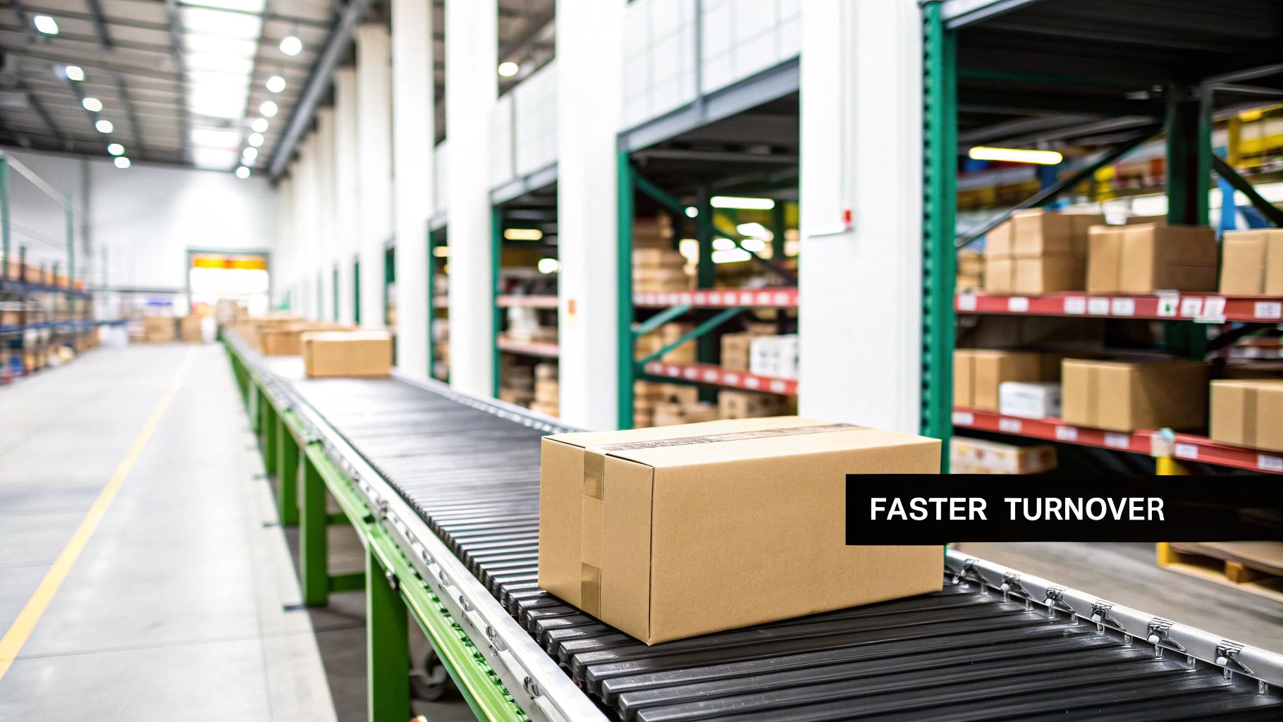 Cardboard boxes move along a long conveyor belt in a modern warehouse facility with shelving.