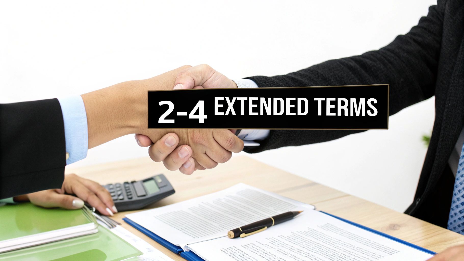 Two business people shaking hands over a desk with documents, featuring '2-4 EXTENDED TERMS' on a banner.