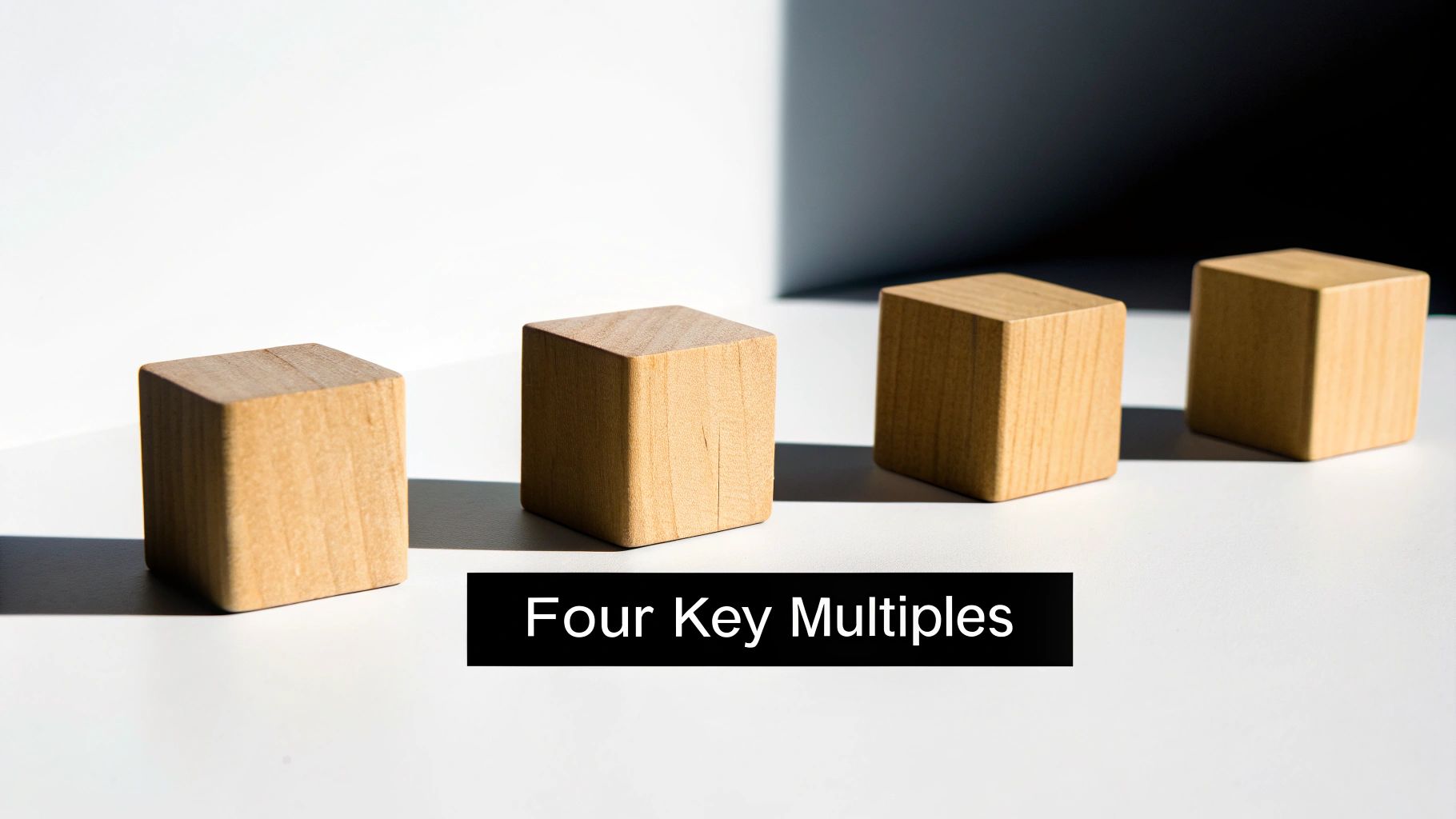 Four light wooden cubes arranged in a row on a white surface with the text 'Four Key Multiples'.