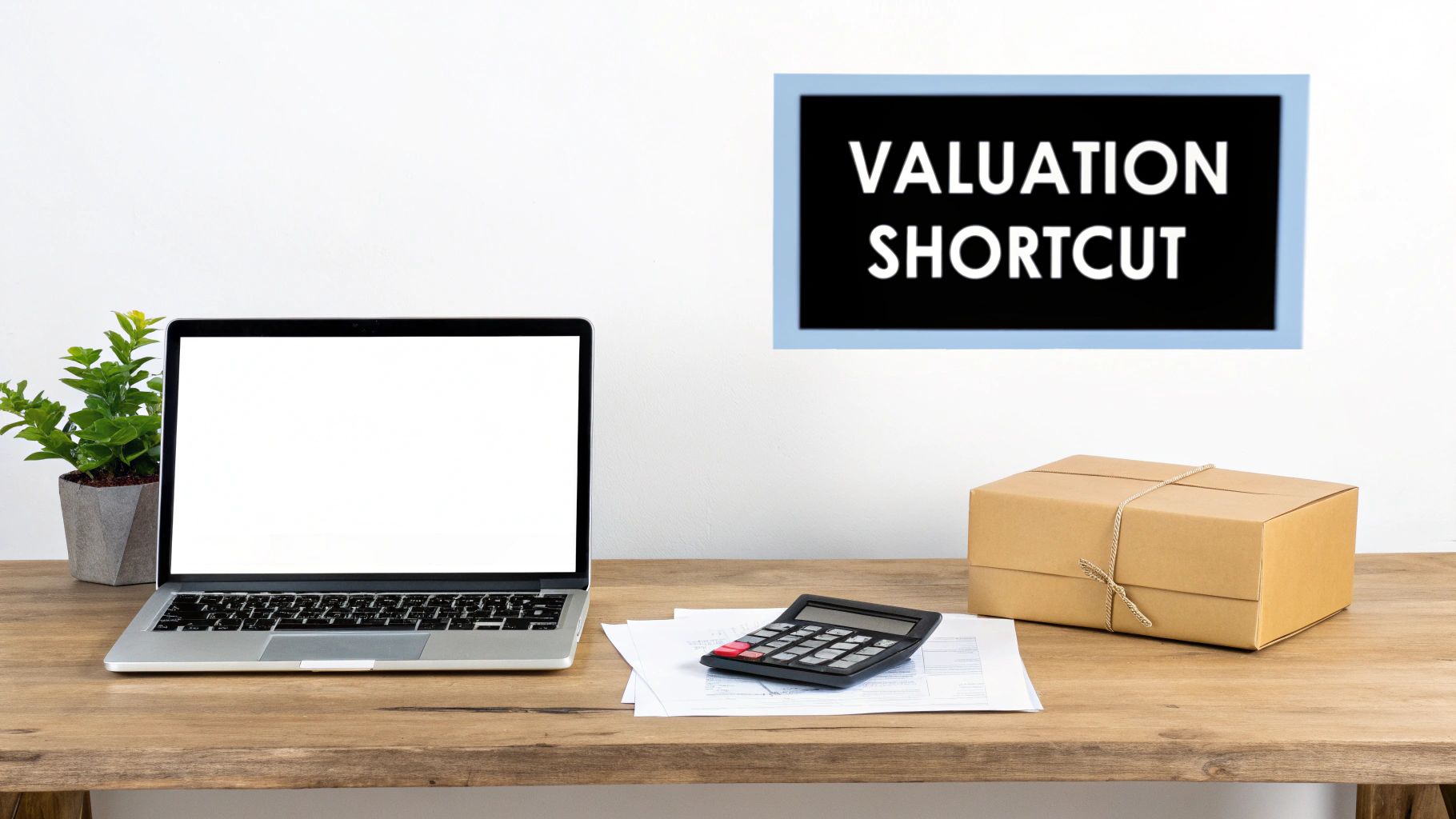 A desk setup with a laptop, calculator, plant, and a box, under a 'VALUATION SHORTCUT' sign.