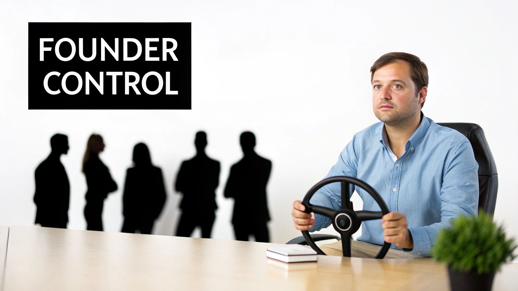 A man holds a steering wheel with "FOUNDER CONTROL" text, representing business leadership and control.