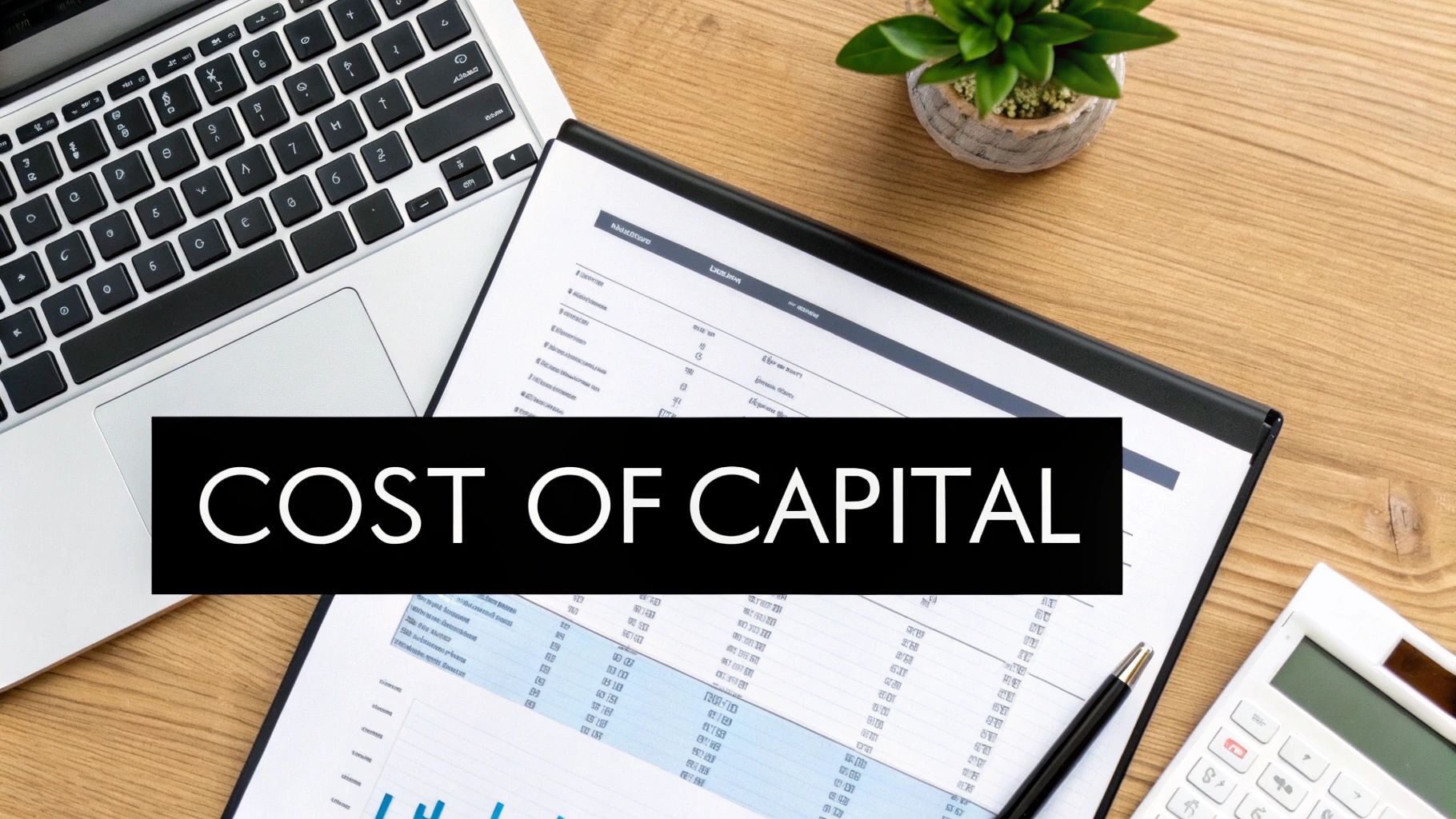 Overhead view of a desk with a laptop, financial documents titled 'COST OF CAPITAL', a plant, and a calculator on a wooden surface.