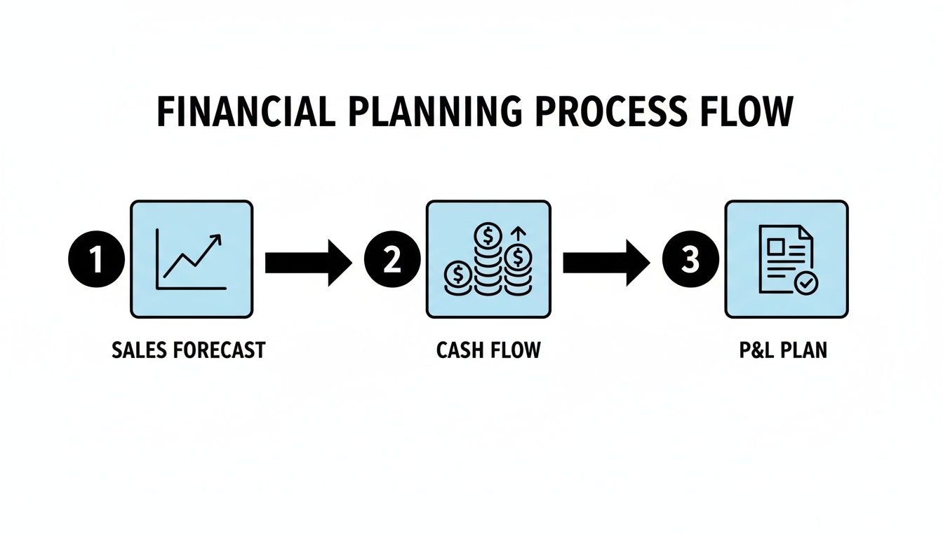A diagram illustrating the financial planning process flow, including sales forecast, cash flow, and P&L plan.