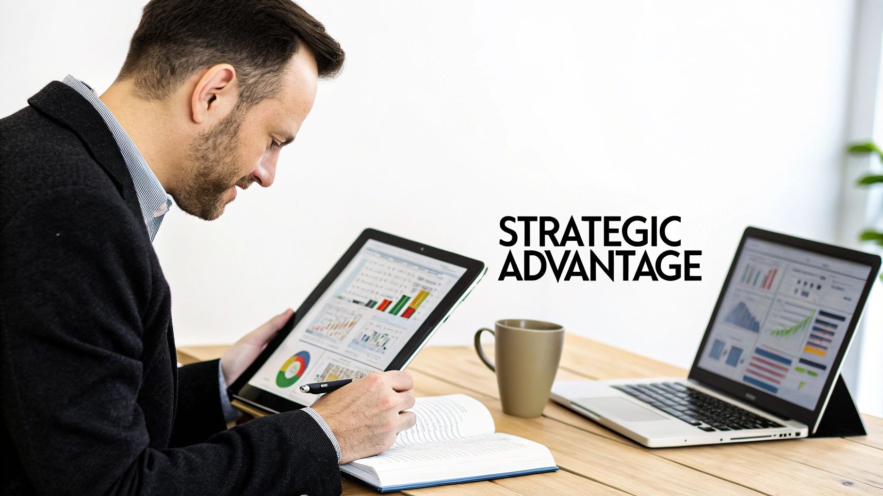 Businessman analyzing strategic financial data on a tablet, with a laptop, book, and coffee on a desk.