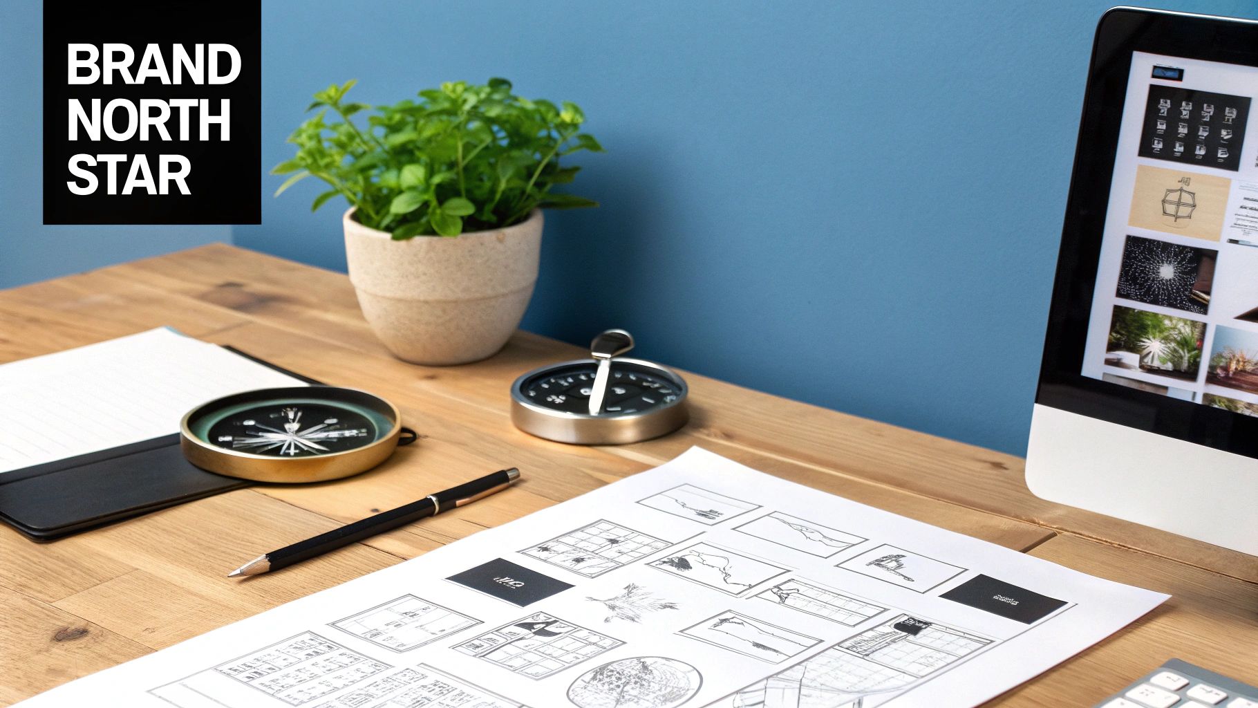 A desk with a 'Brand North Star' sign, compasses, design sketches, and computer screen.