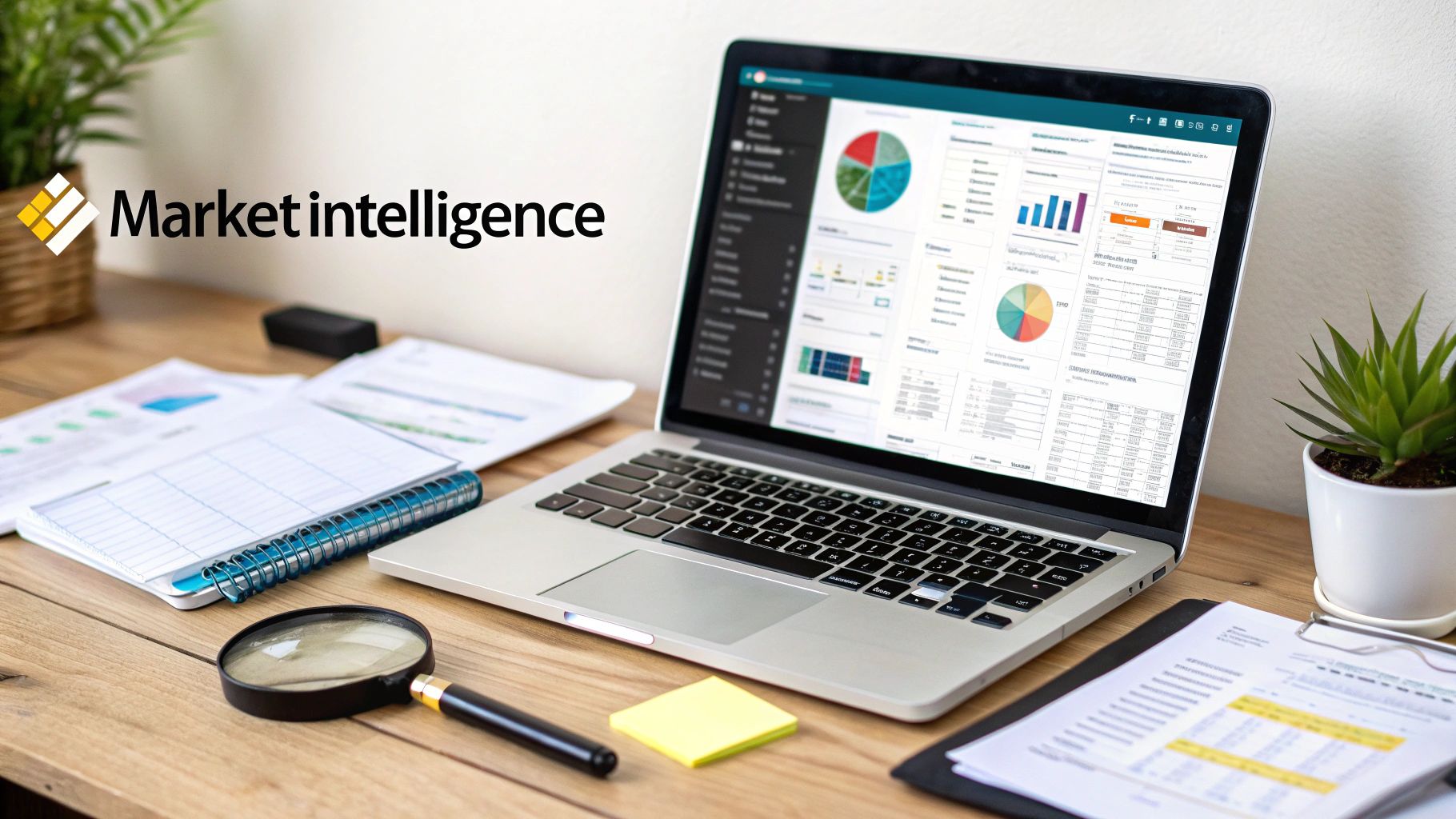 A desk with a laptop showing market intelligence data, documents, and office supplies.
