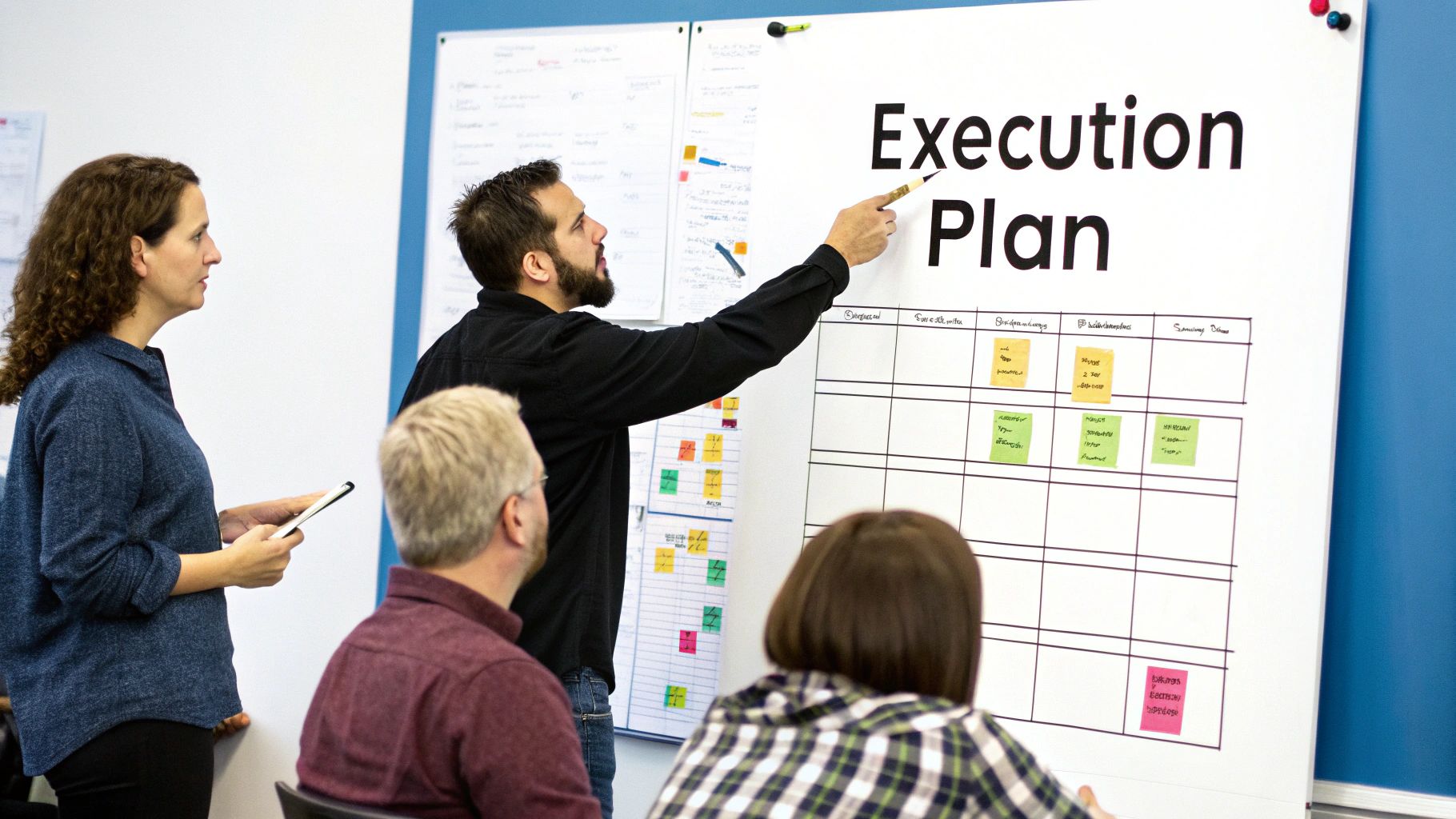 A team discusses an 'Execution Plan' on a whiteboard filled with colorful sticky notes.