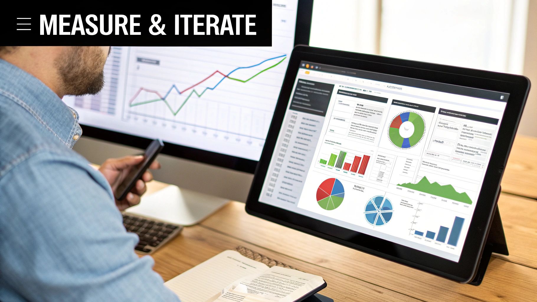 A person analyzing business data on multiple screens with charts, holding a smartphone and notebook.