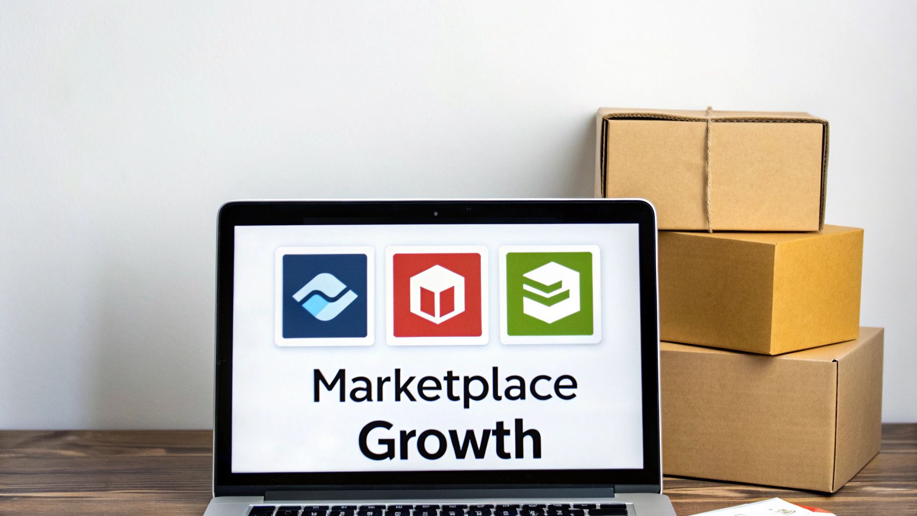 Laptop screen showing 'Marketplace Growth' with app icons, alongside stacked shipping boxes.
