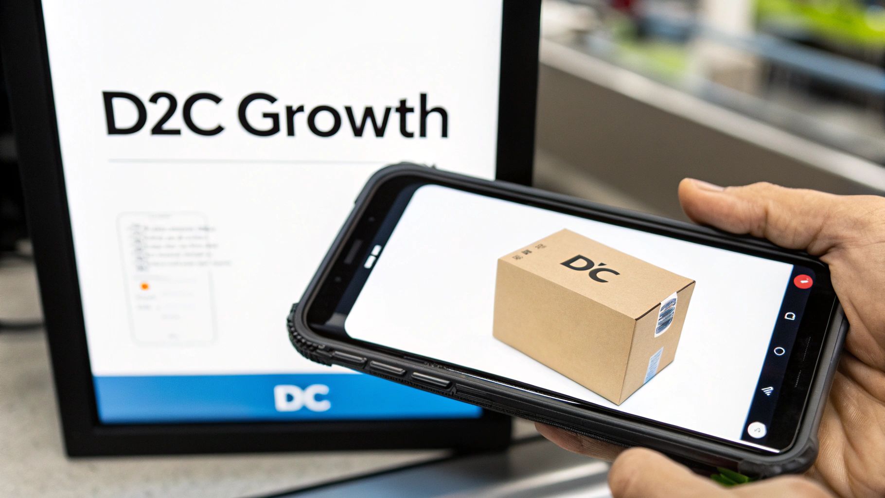 A hand holds a smartphone displaying a D2C package, with a screen showing 'D2C Growth' in the background.