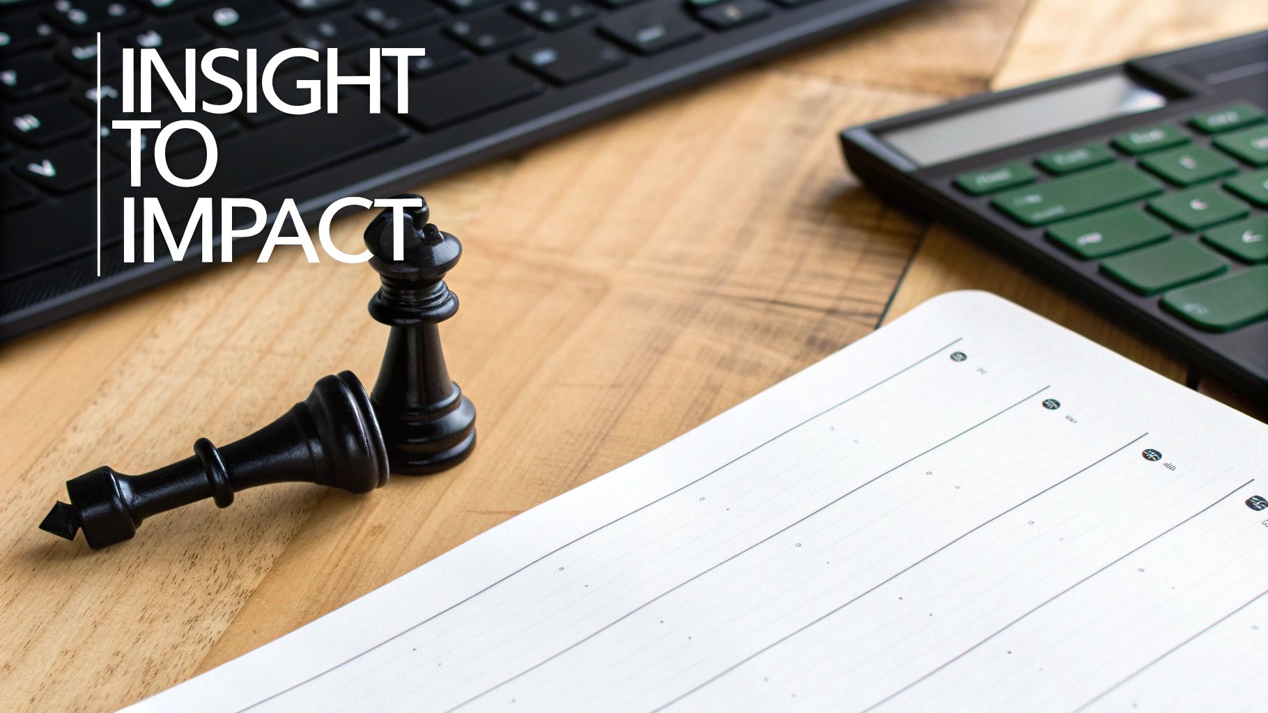 A desk setup with a keyboard, calculator, chess pieces, and notebook, featuring the text 'INSIGHT TO IMPACT'.