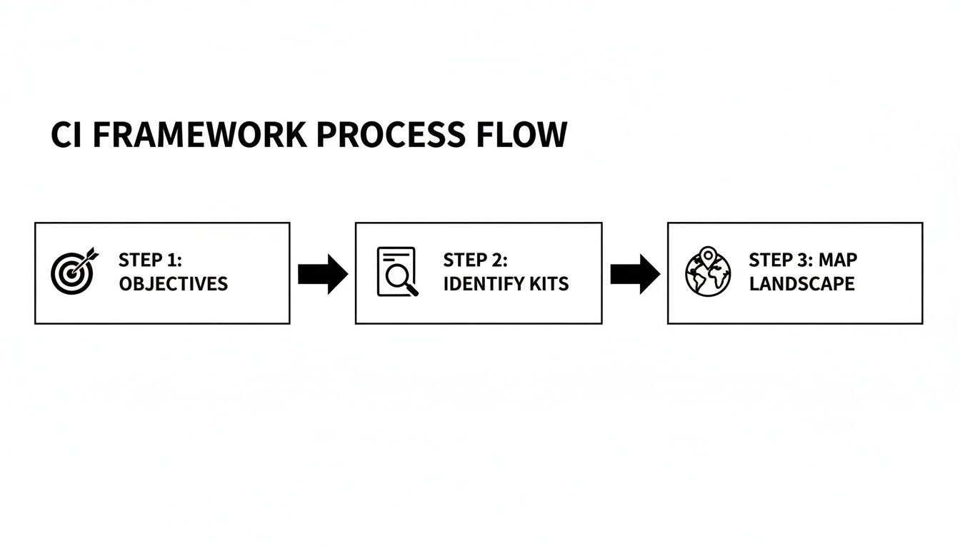 CI Framework process flow outlining three steps: Objectives, Identify Kits, and Map Landscape with icons.