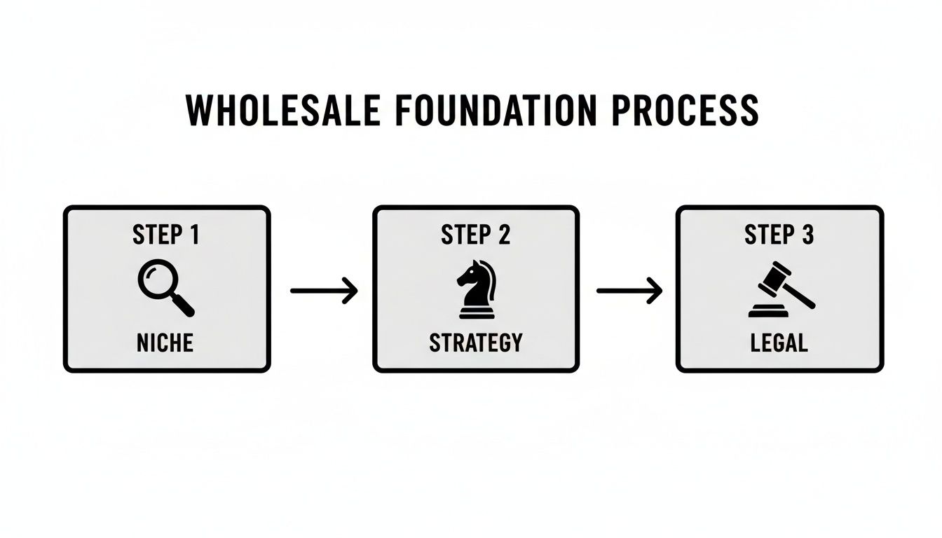 A three-step diagram outlining the Wholesale Foundation Process: Niche, Strategy, and Legal steps.