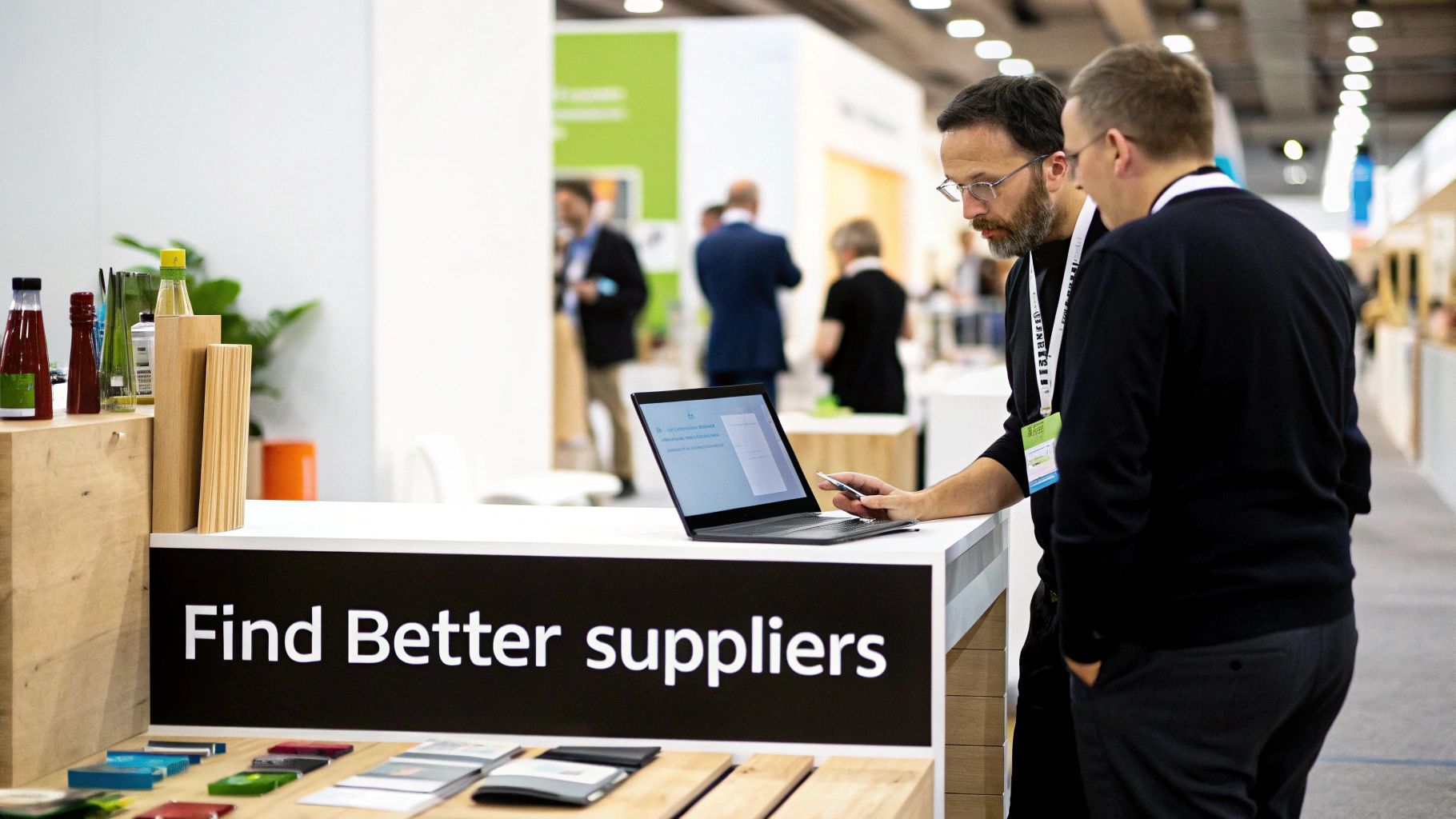 Two men engaging with a laptop at a trade show booth, featuring a 'Find Better suppliers' sign.