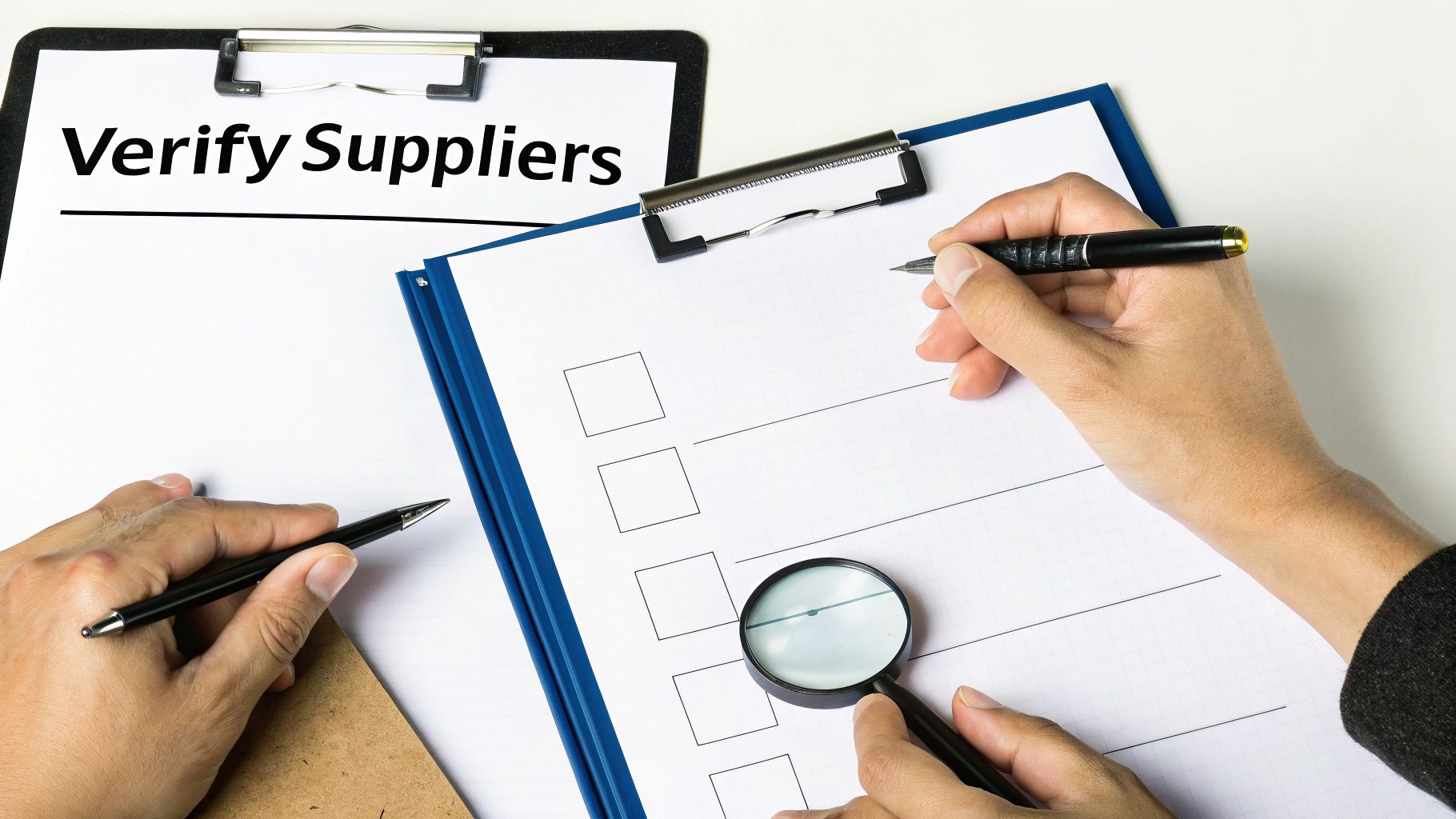 Hands with a pen and magnifying glass reviewing a checklist next to a clipboard reading 'Verify Suppliers'.