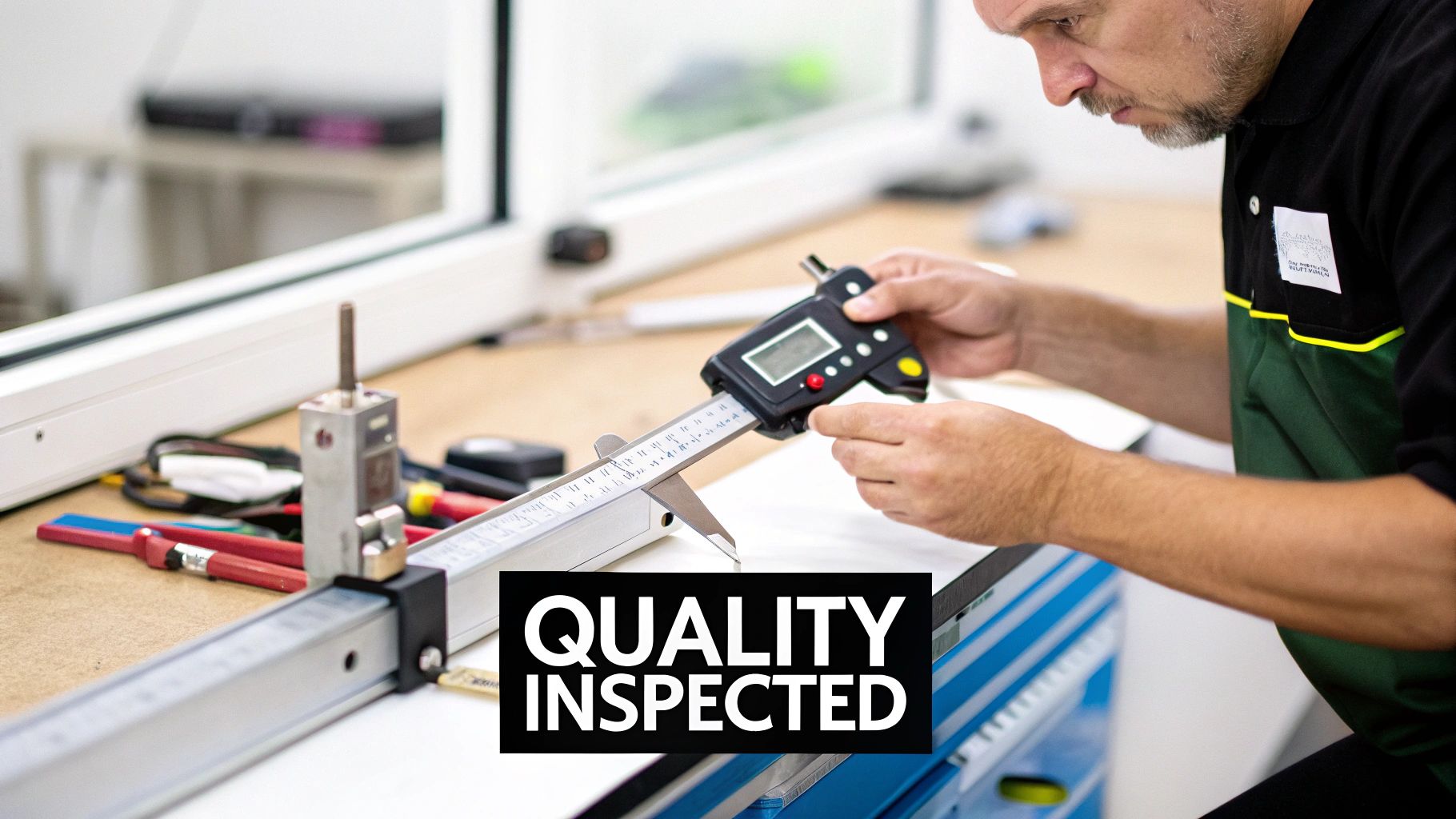 A man meticulously uses a digital caliper to measure a component during a quality inspection.