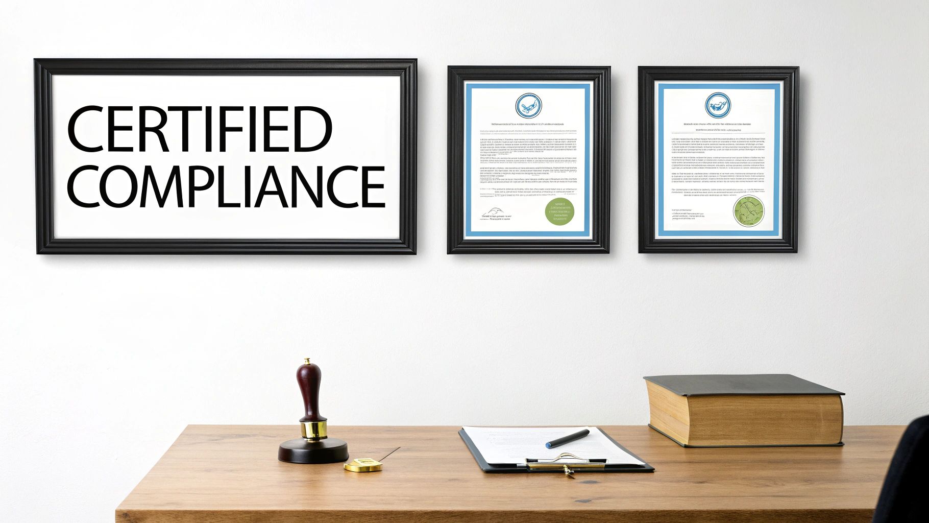 Office desk with official documents, a stamp, and a 'Certified Compliance' sign on the wall.