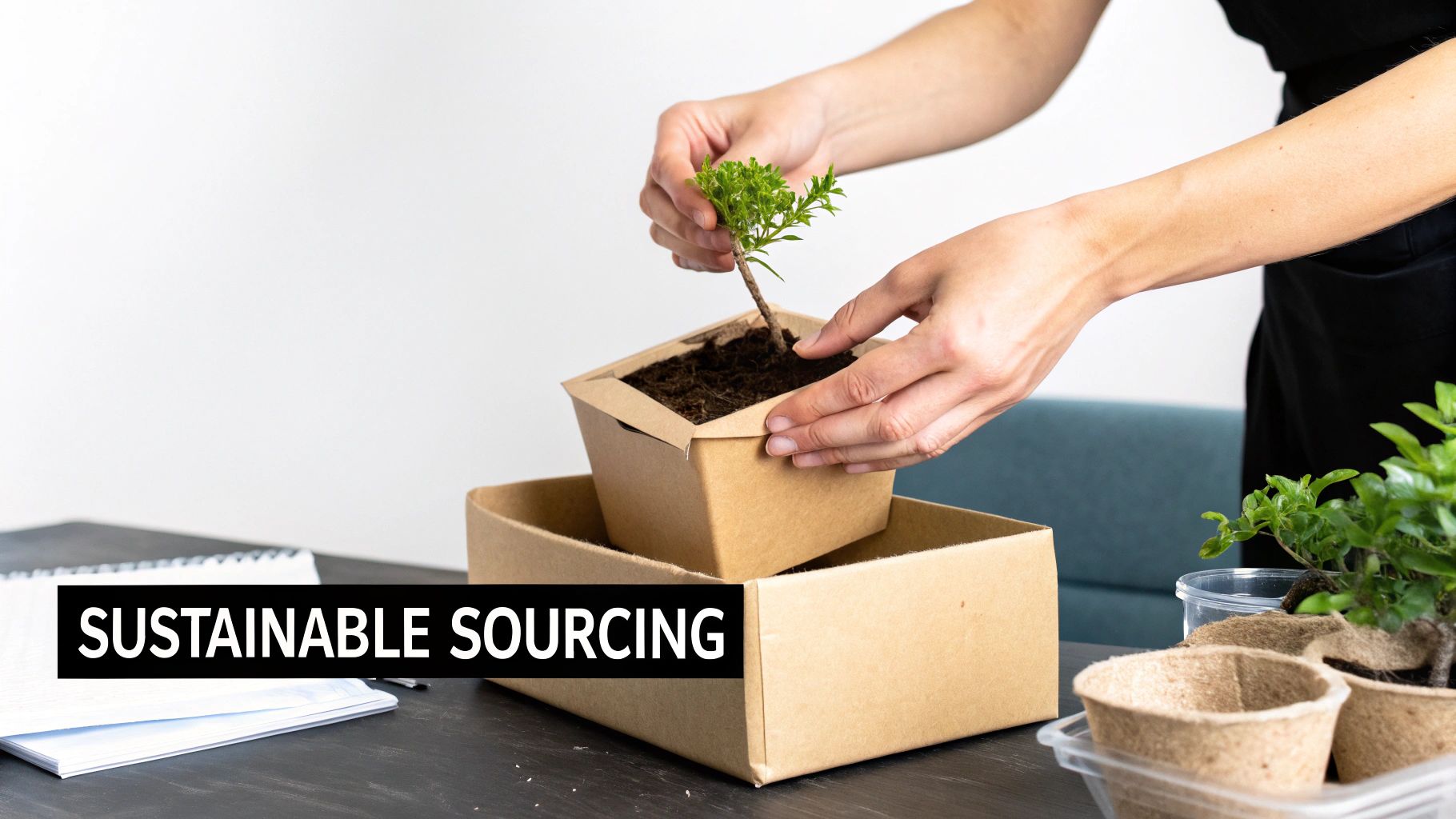 Hands carefully place a small green plant into a biodegradable pot, symbolizing sustainable sourcing.