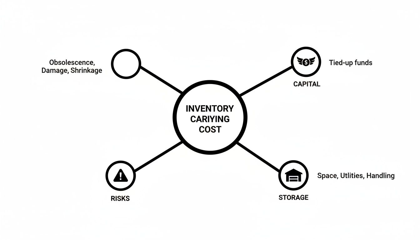 Mind map diagram illustrating inventory carrying cost and its components: capital, storage, risks, and obsolescence.