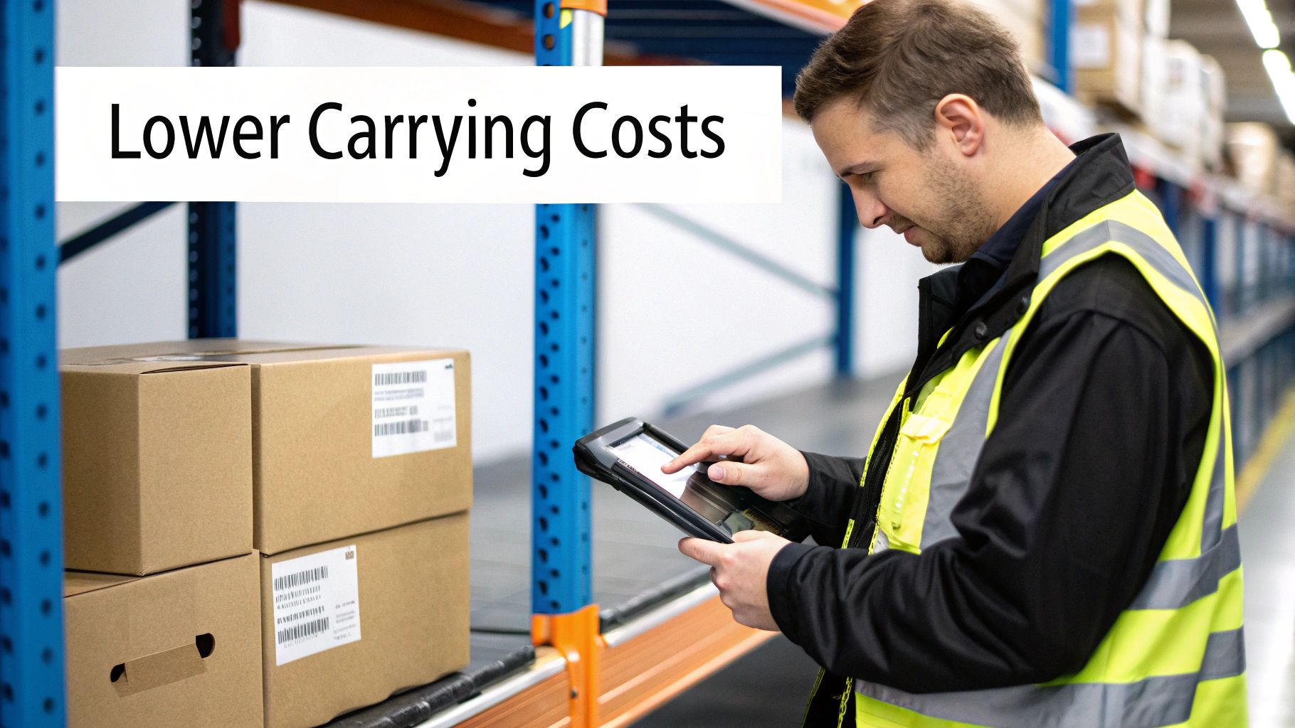 Warehouse worker scanning inventory boxes with a mobile device, aiming to lower carrying costs.