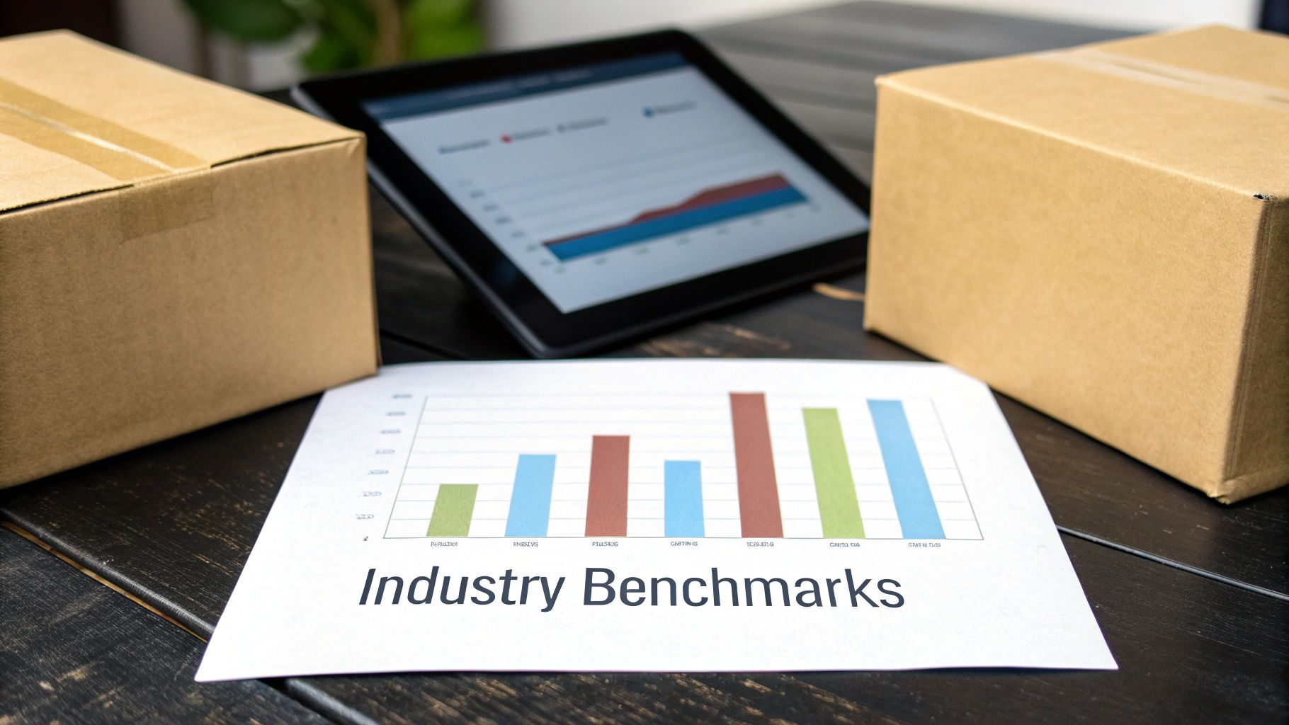 Two cardboard boxes, a tablet displaying a graph, and 'Industry Benchmarks' document on a desk.
