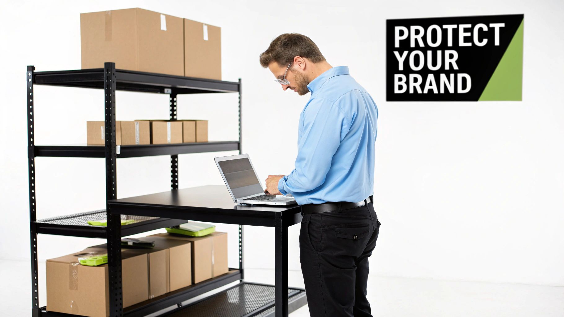 A man in a blue shirt uses a laptop at a standing desk in a modern warehouse, surrounded by inventory.