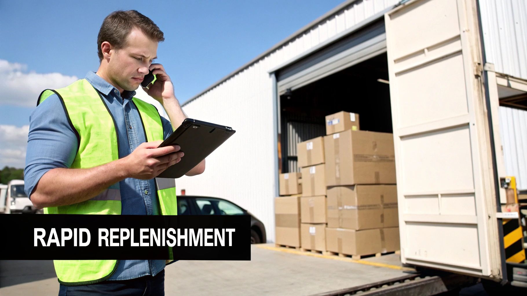 A logistics worker in a safety vest talks on the phone while checking inventory near a loading dock with boxes.