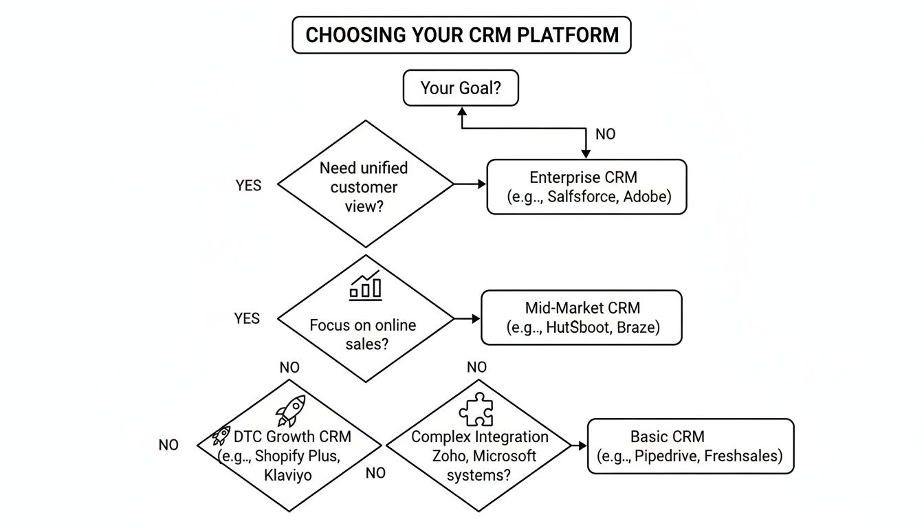 Flowchart guiding the selection of a CRM platform based on business needs and goals.