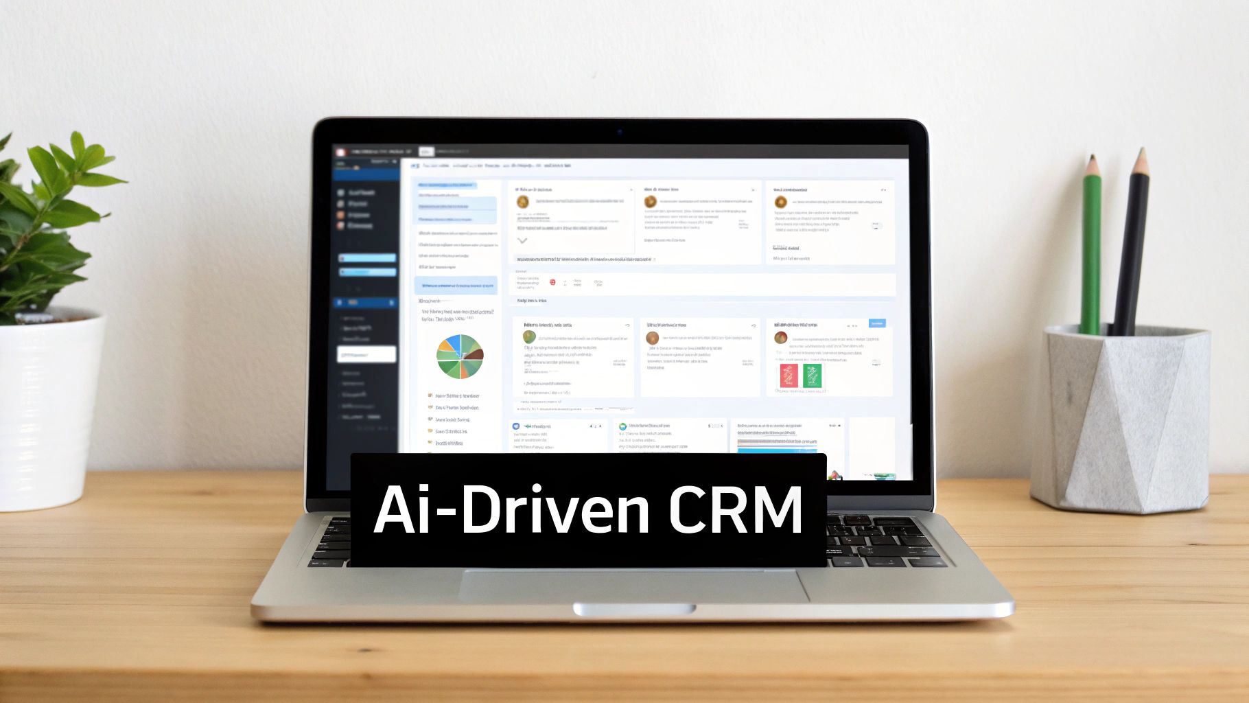 A laptop displaying an AI-driven CRM dashboard with charts and data, on a wooden desk.