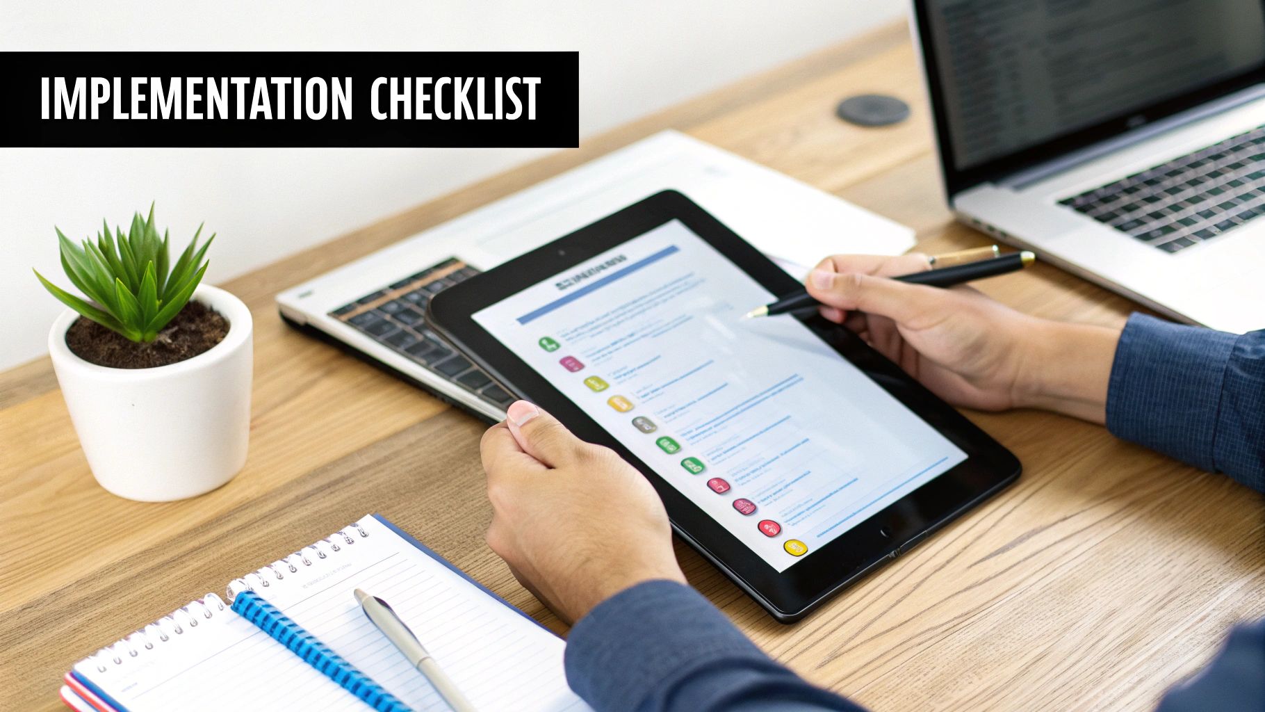 A person reviews an 'IMPLEMENTATION CHECKLIST' on a tablet, working at a desk with a laptop.