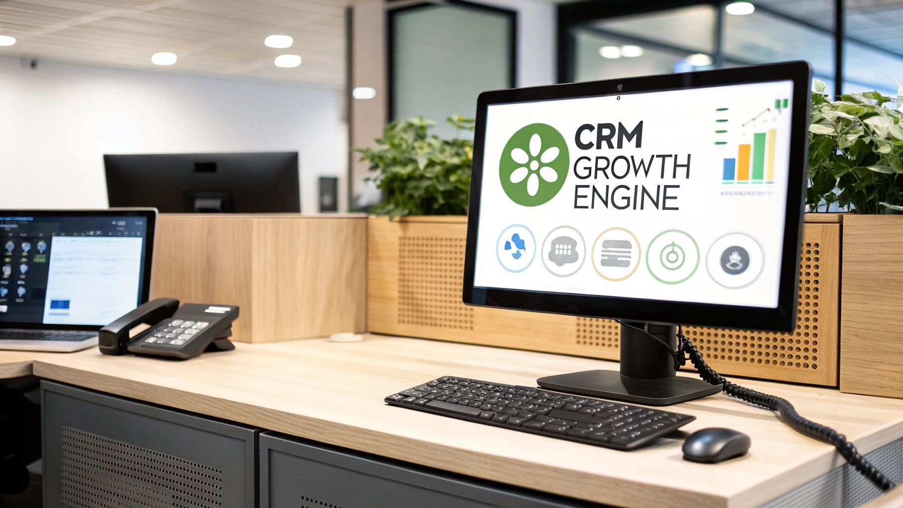 A modern office workspace featuring a monitor displaying 'CRM Growth Engine', a laptop, and a phone.