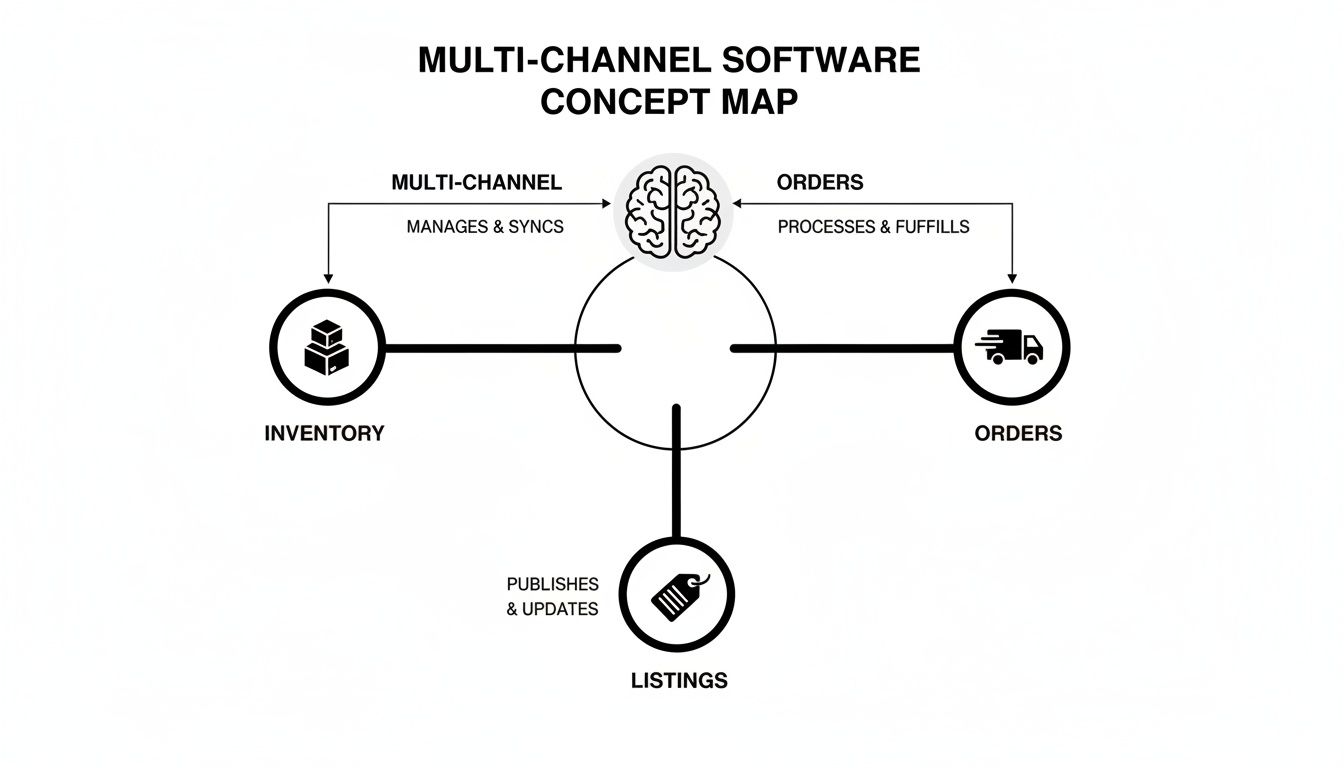Concept map illustrating multi-channel software managing inventory, processing orders, and updating product listings.