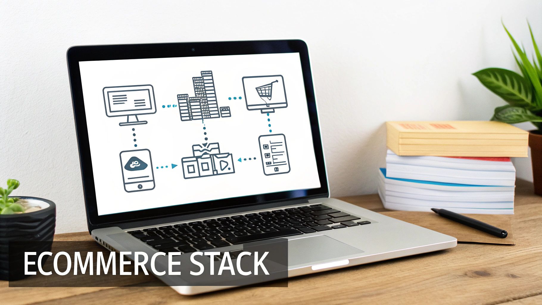 An abstract digital illustration showing interconnected nodes and data streams, representing a well-architected tech stack with a central hub.