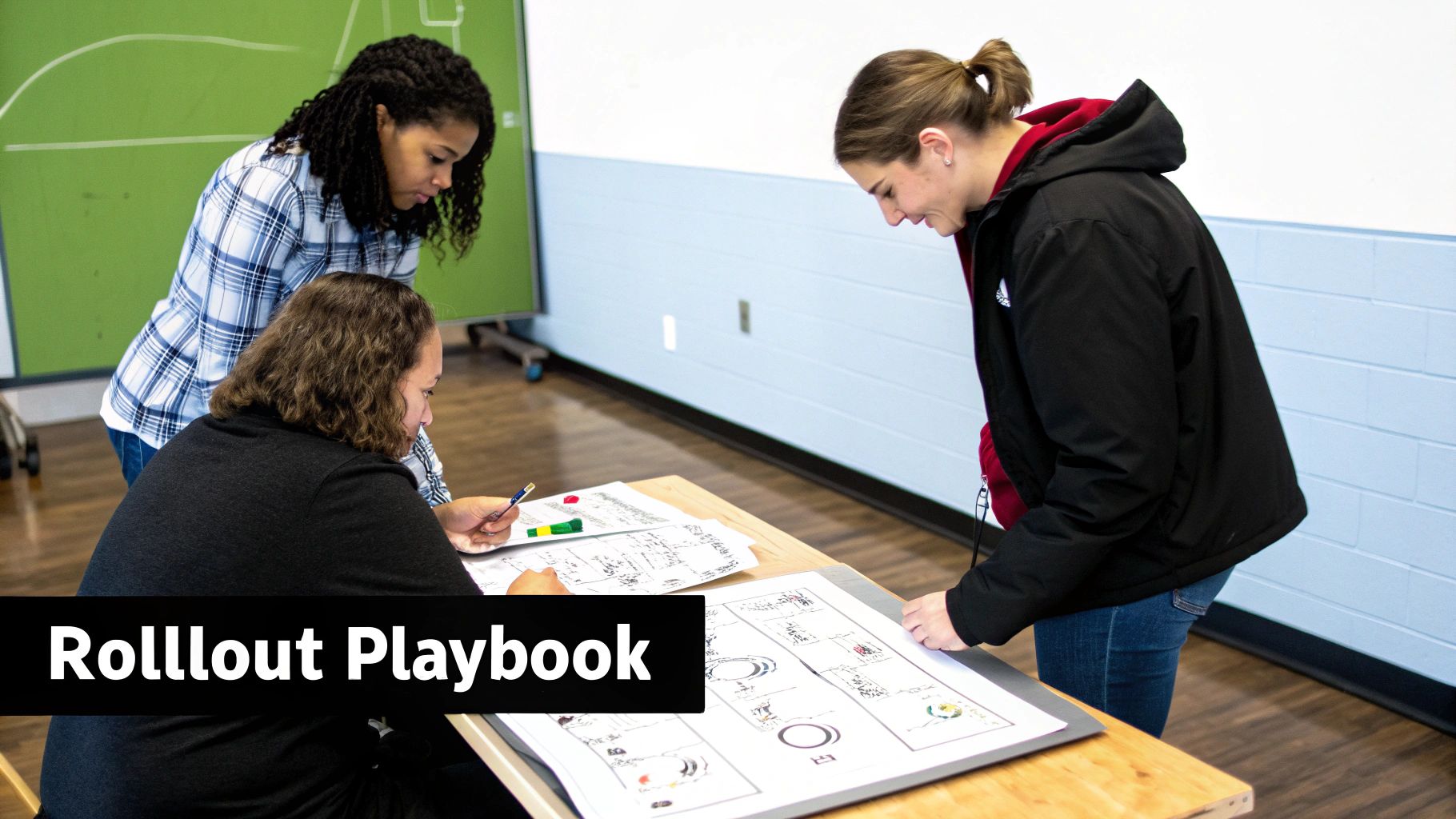 Three women actively collaborating, reviewing and discussing documents on a table during a workshop.