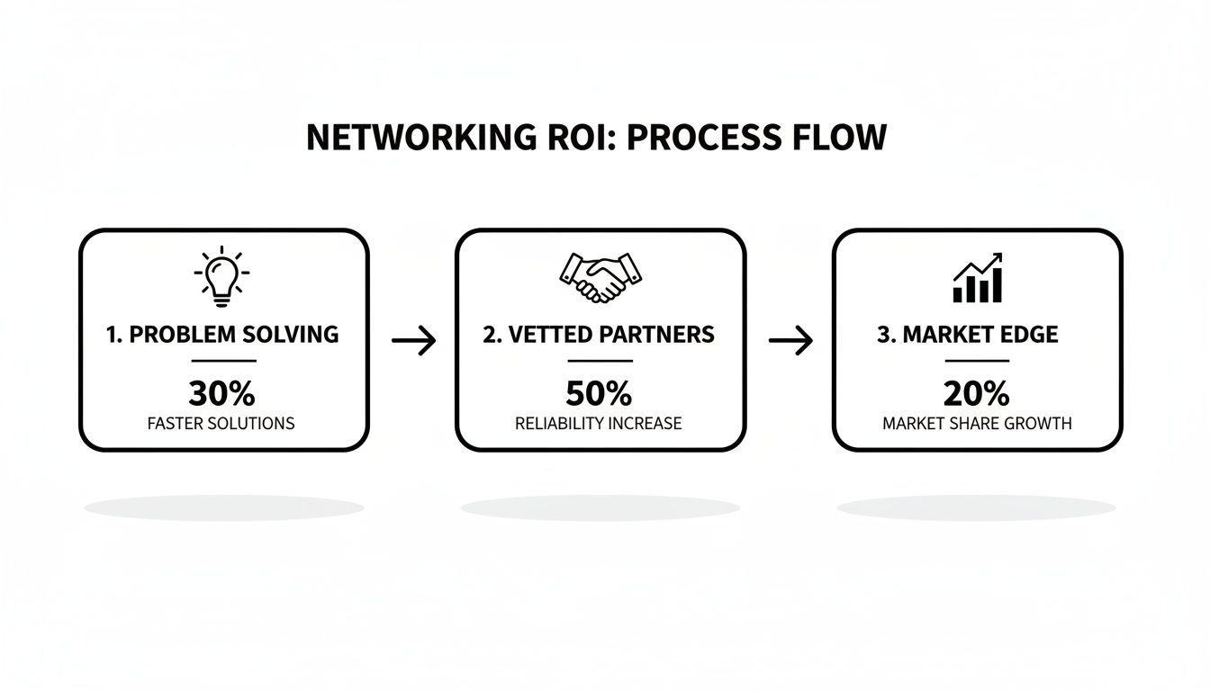 Flow chart illustrating networking ROI with steps for problem solving, vetted partners, and market edge.