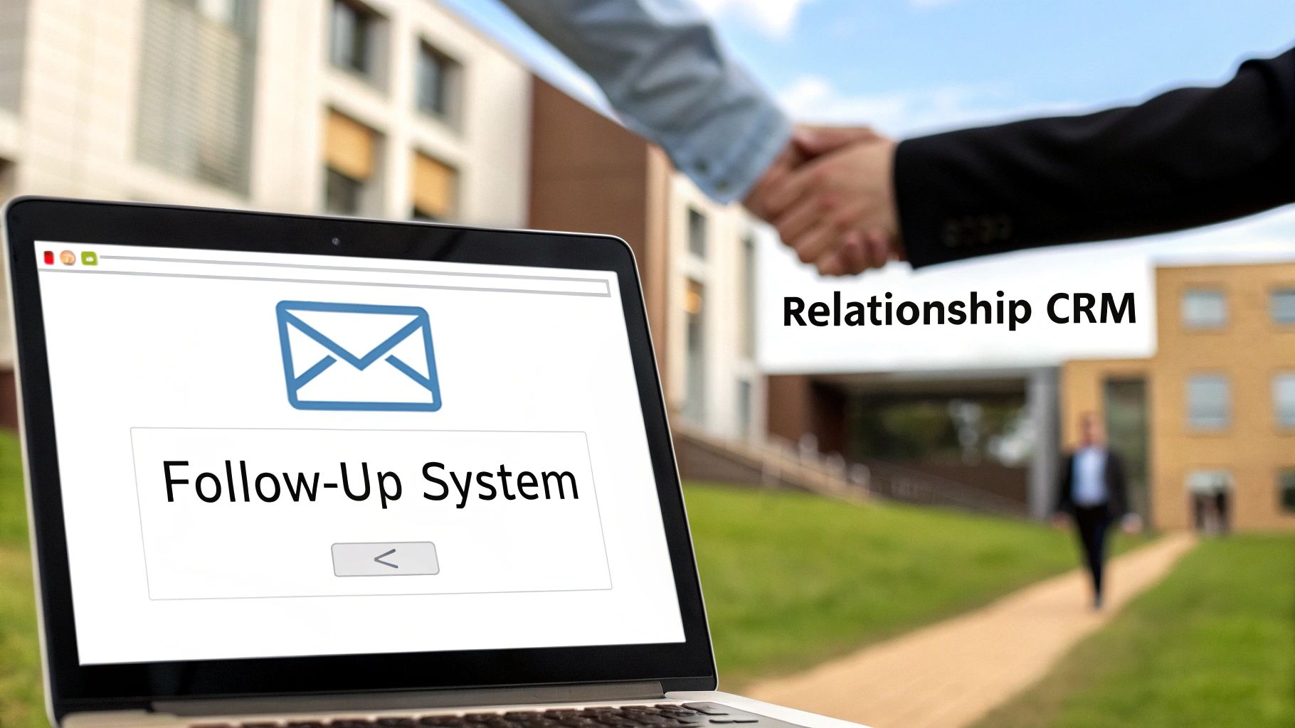 A laptop displays 'Follow-Up System' and an email icon, with a business handshake and 'Relationship CRM' in the background.