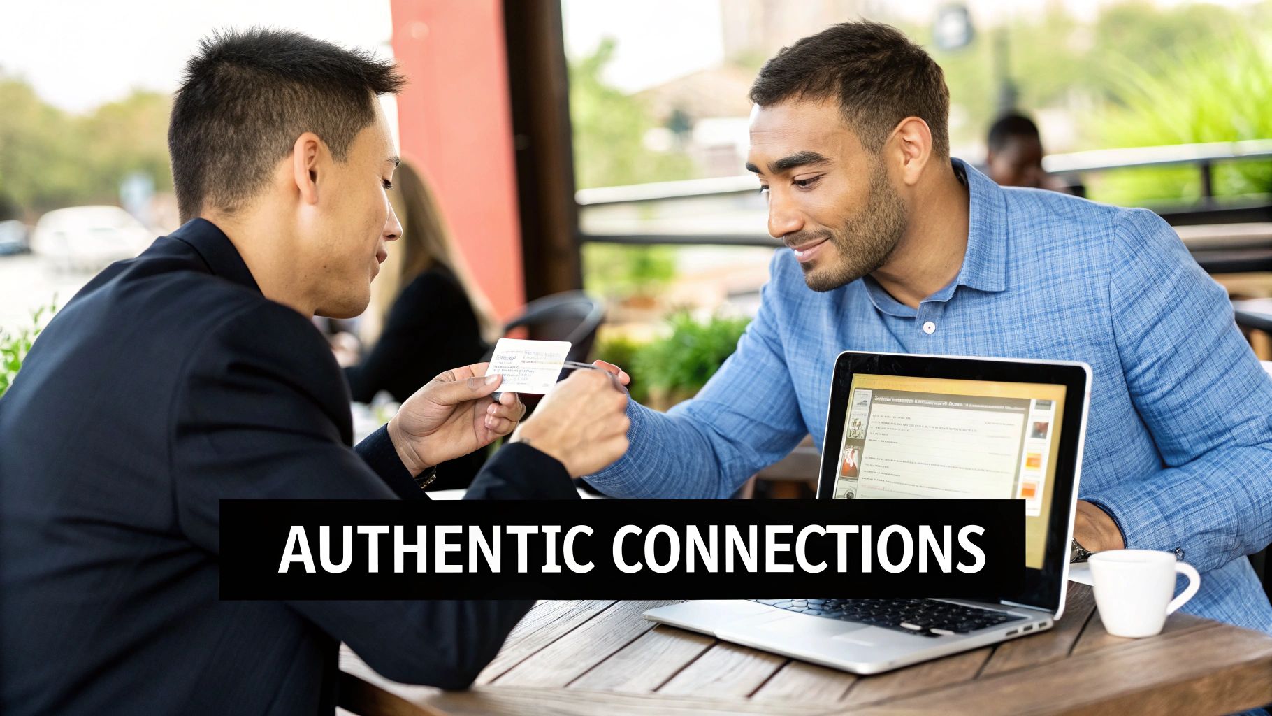 Two men exchanging a business card at an outdoor cafe table, a laptop and coffee cup nearby.