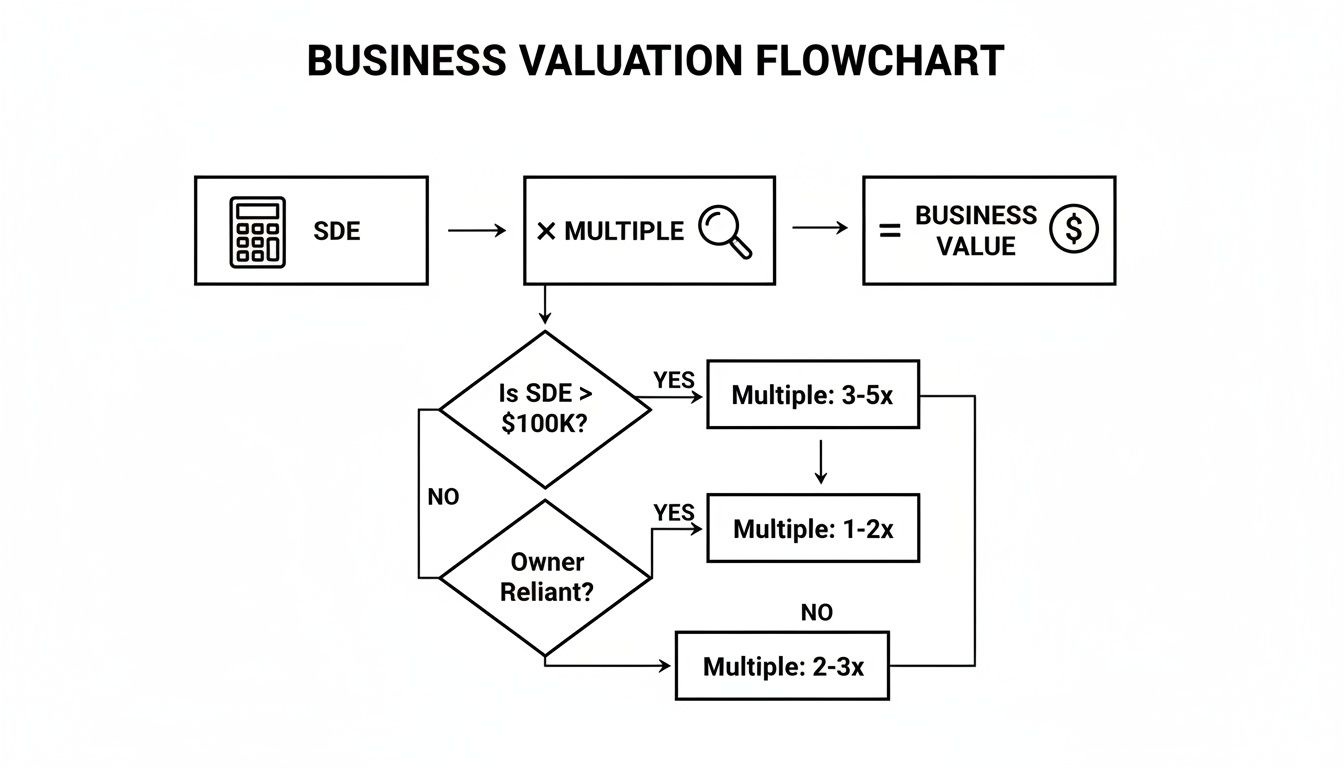 A business valuation flowchart illustrates calculating business value using SDE and a multiple, adjusted for SDE amount and owner reliance.