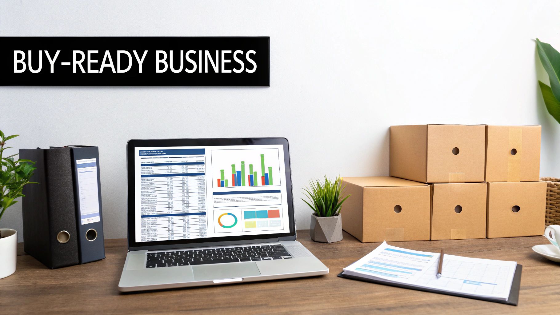 A desk with a laptop showing business charts, binders, storage boxes, and a 'BUY-READY BUSINESS' sign.