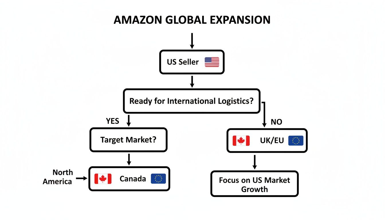Flowchart illustrating Amazon global expansion for a US seller, detailing international logistics readiness and target market choices.