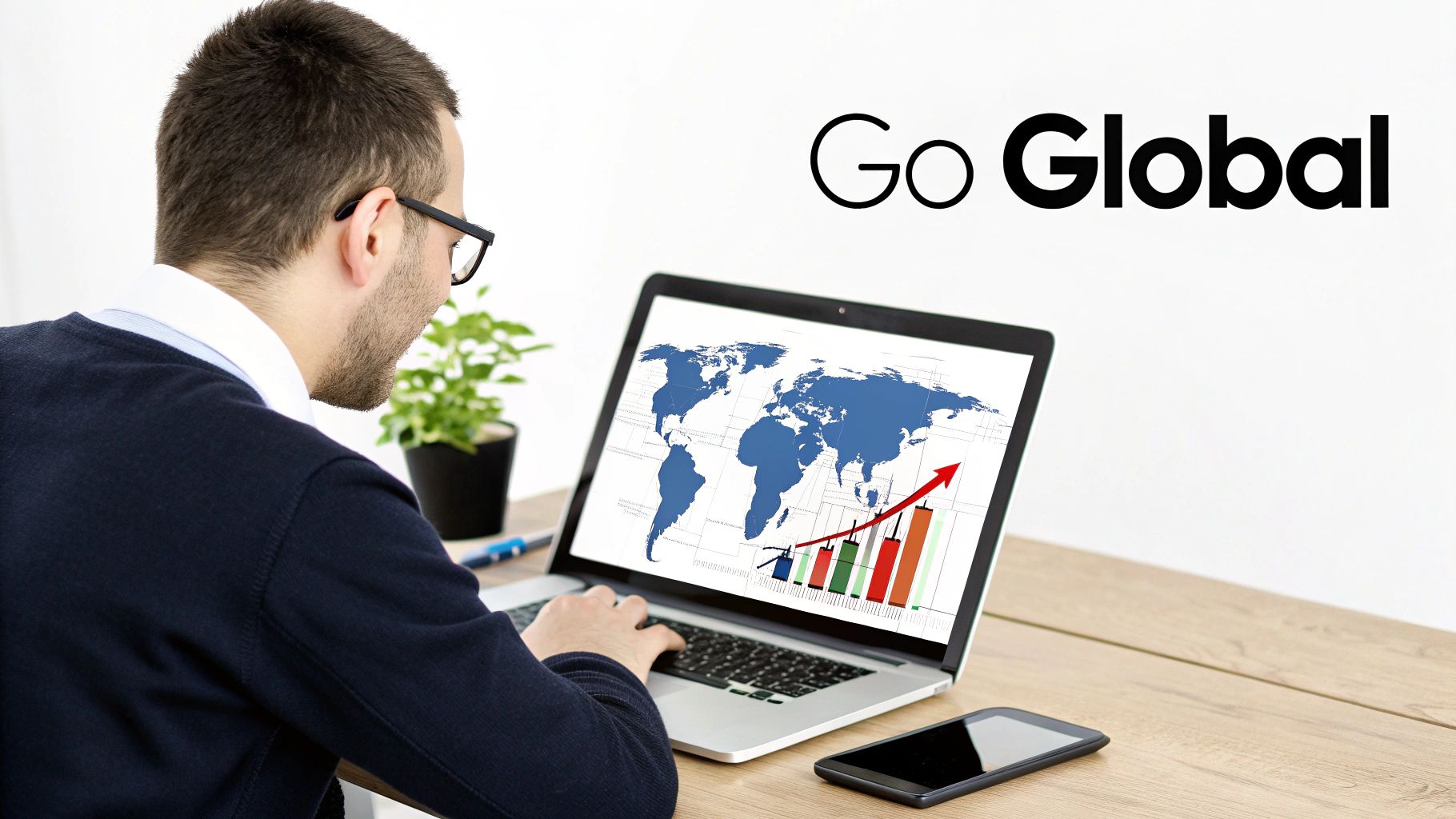 Man works on laptop displaying a world map and growth chart, reflecting international business expansion.