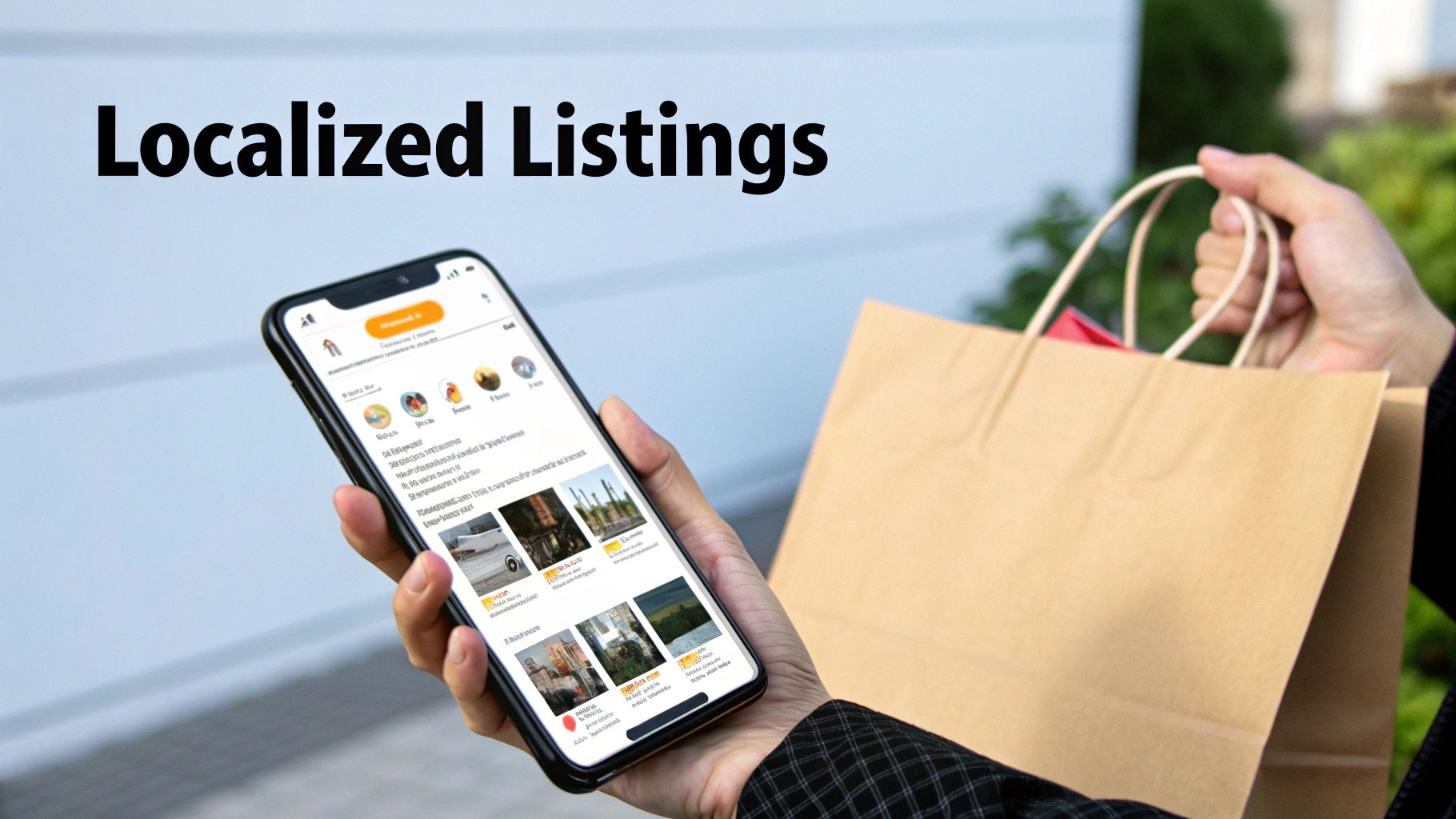 A person outdoors holds a smartphone displaying localized marketplace listings and a brown shopping bag.