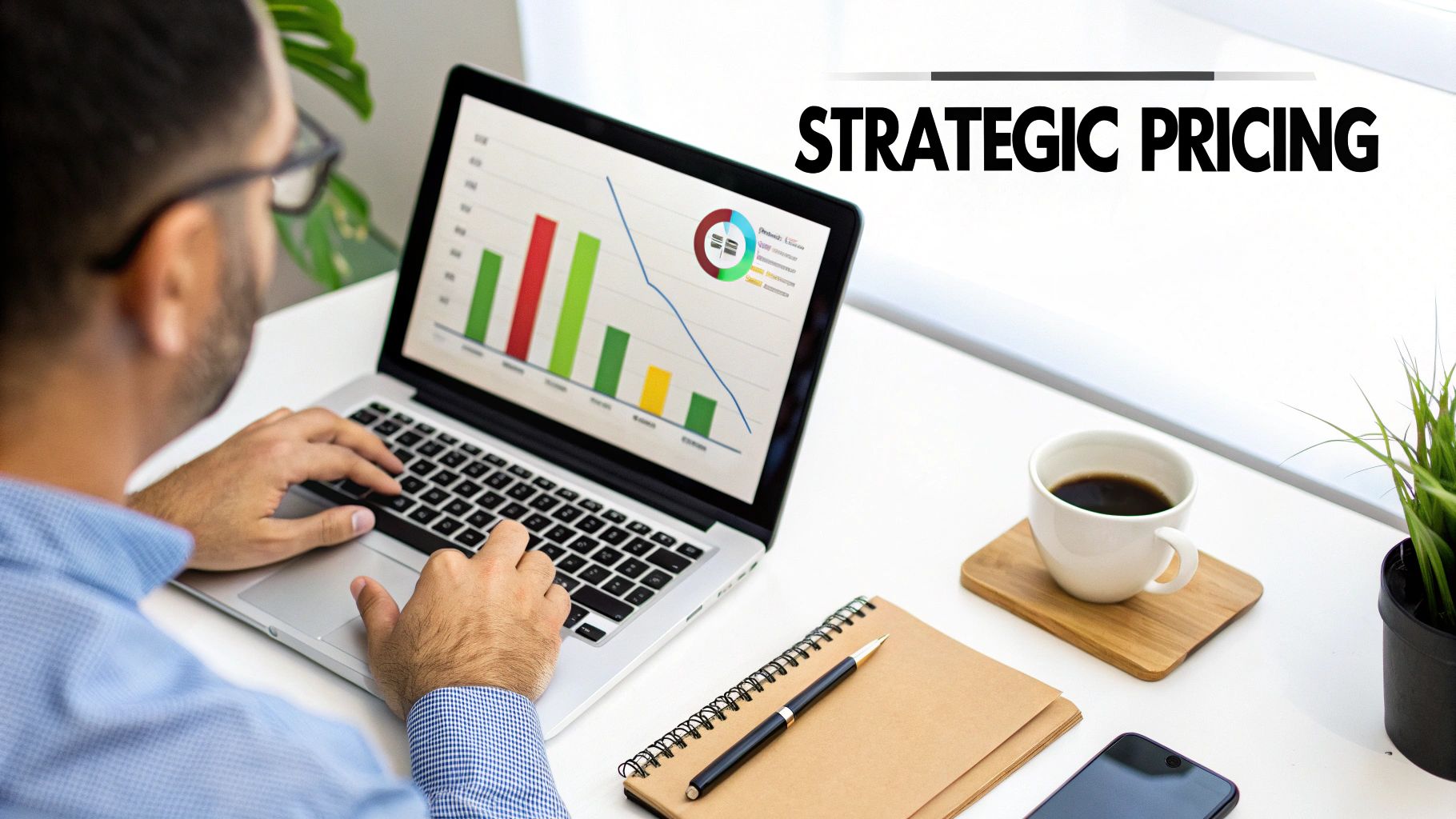 Man in glasses typing on a laptop displaying financial charts and 'STRATEGIC PRICING' text.