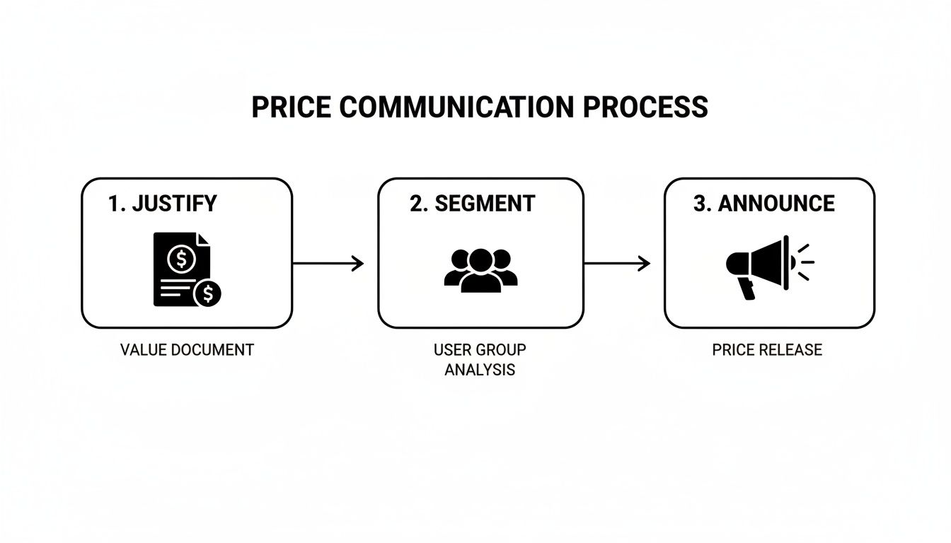 Flowchart illustrating the three-step price communication process: Justify, Segment, and Announce.