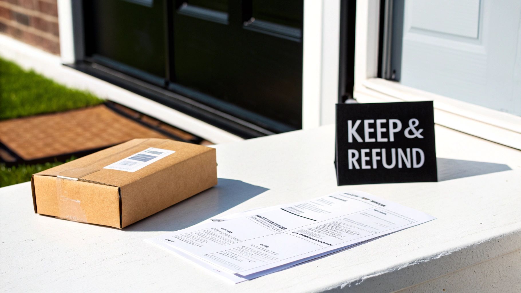 A brown package, documents, and a "KEEP & REFUND" sign on a white porch step.