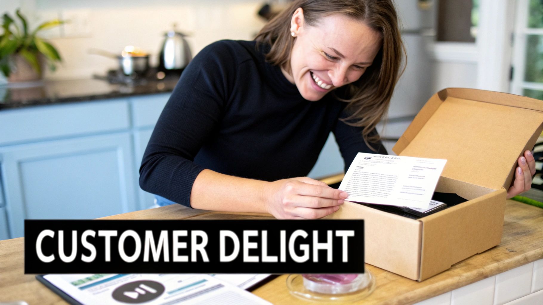 A delighted woman smiles while unboxing a product from a cardboard box, holding an informational document.